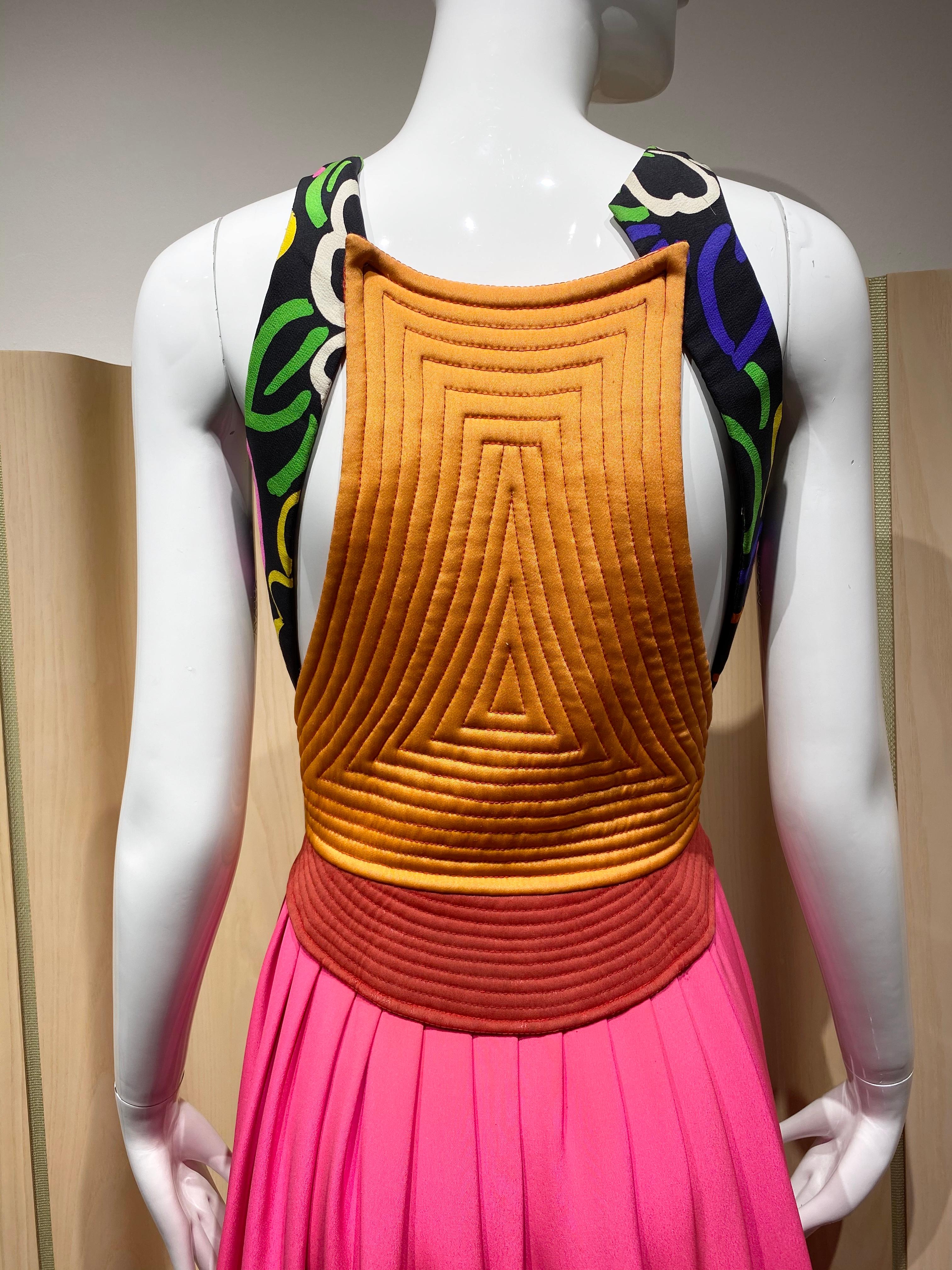 1989s Geoffrey Beene Hot Pink and Orange Jersey Print Dress In Excellent Condition In Beverly Hills, CA