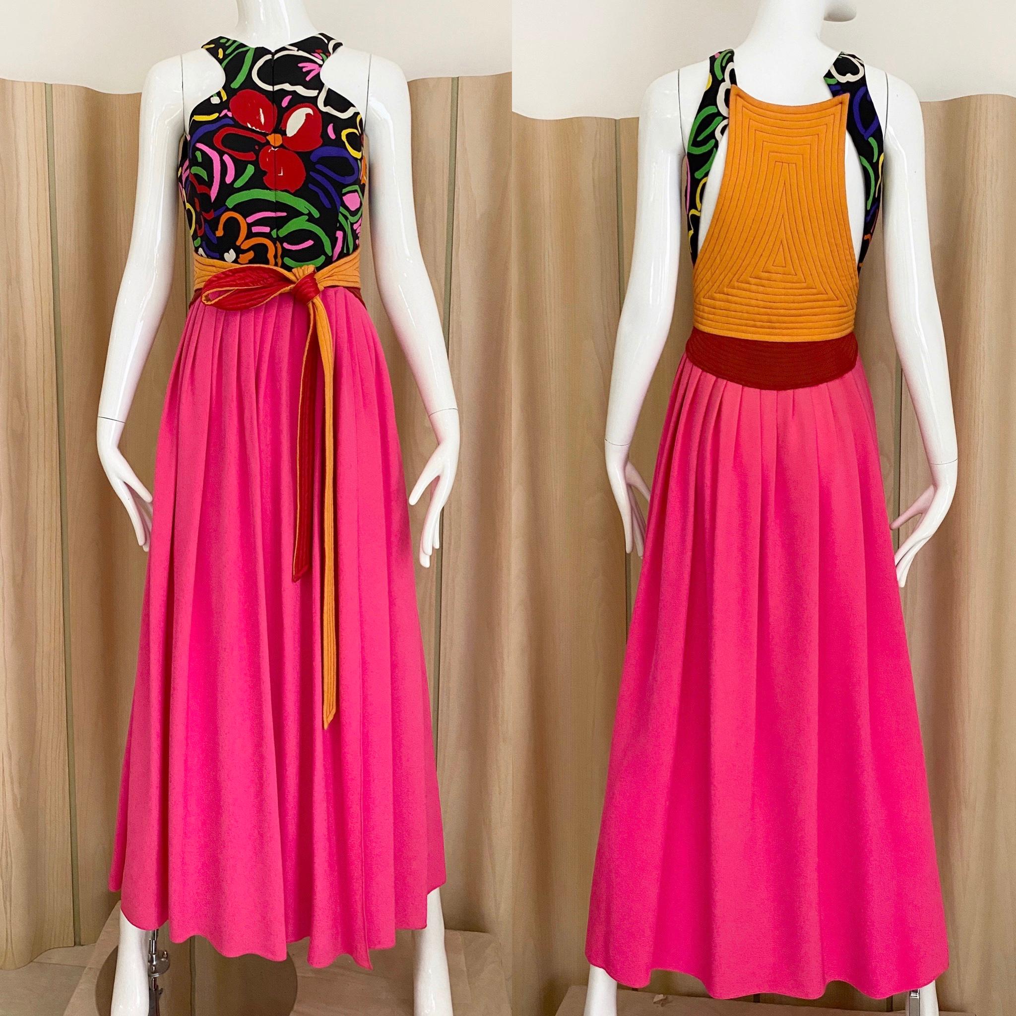 1989s Geoffrey Beene Hot Pink and Orange Jersey Print Dress 2