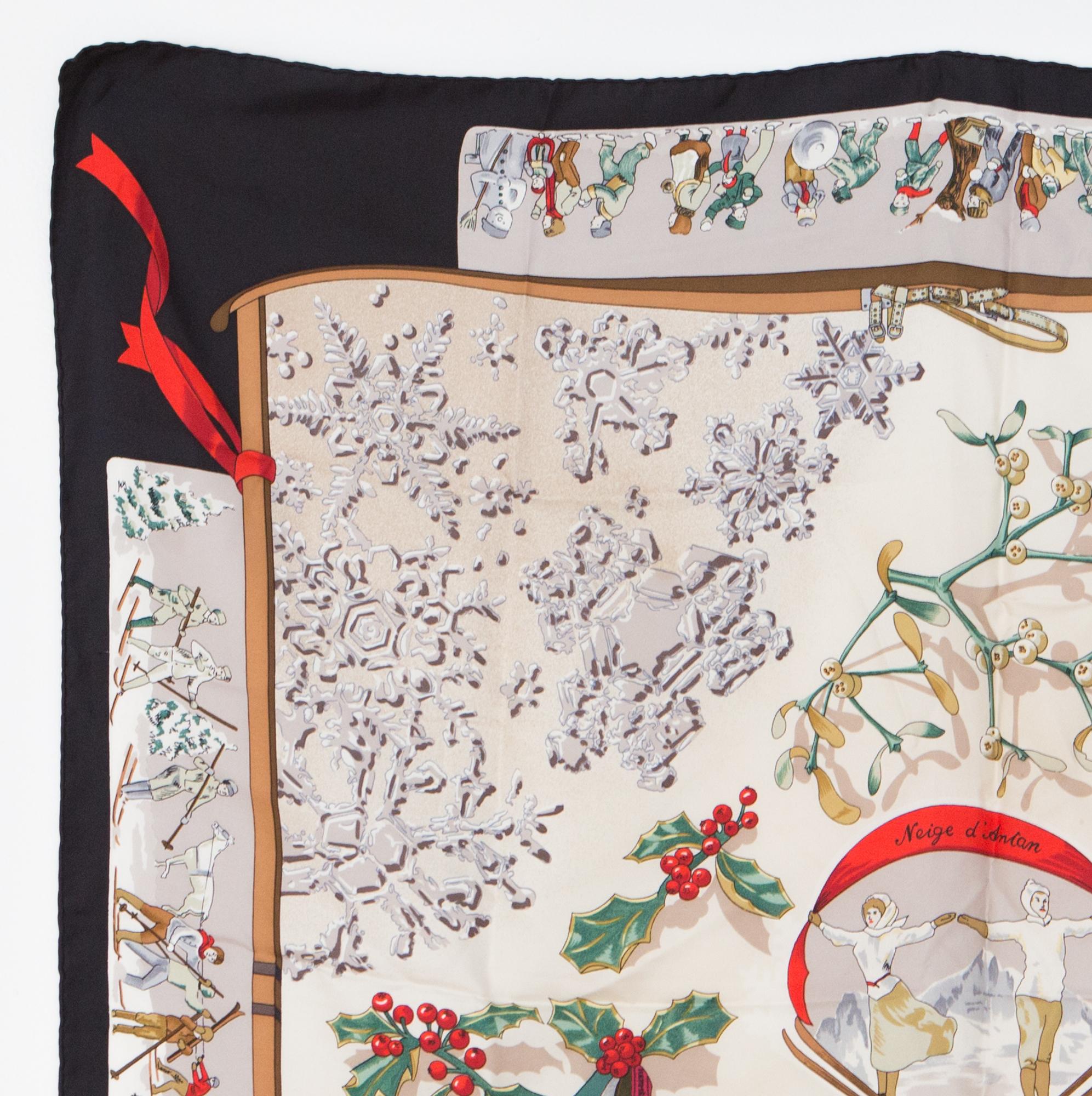 1989s Hermes silk scarf Neige d Antan by Cathy Latham from Hermès Vintage featuring a a black border. 
In excellent vintage condition. Made in France.
35,4in. (90cm) X 35,4in. (90cm)
We guarantee you will receive this  iconic item as described and