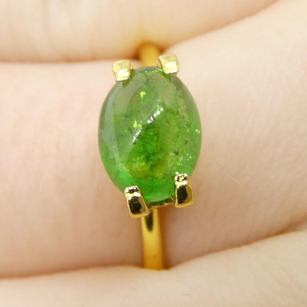 Description:

Gem Type: Tsavorite Garnet 
Number of Stones: 1
Weight: 1.98 cts
Measurements: 8.58 x 6.51 x 4.13 mm
Shape: Oval
Cutting Style Crown: 
Cutting Style Pavilion:  
Transparency: Transparent
Clarity: Moderately Included: Inclusions easily
