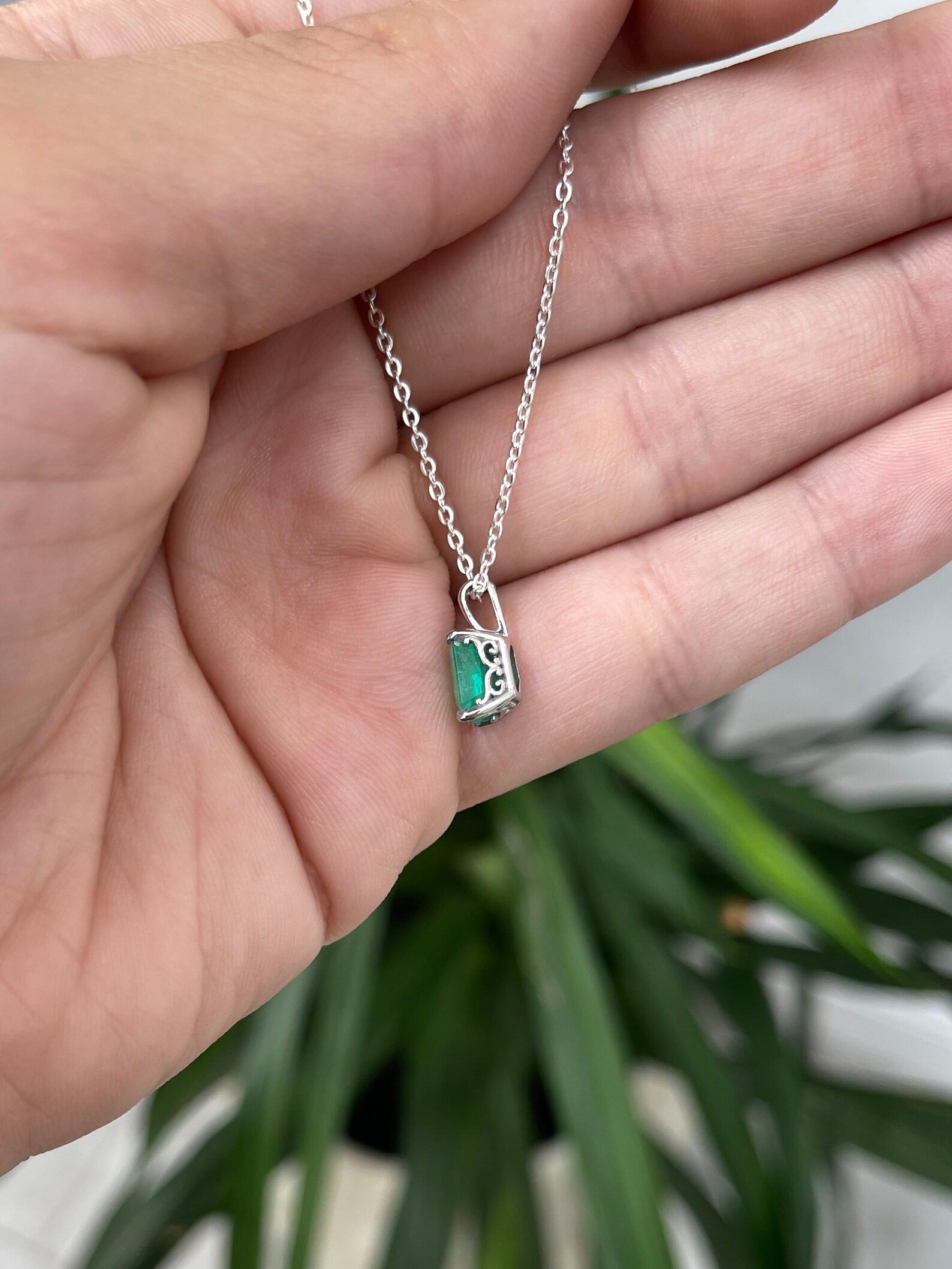 1.98cts 14K Vivid Medium Green Colombian Emerald Cut Solitaire Gold Pendant For Sale 1