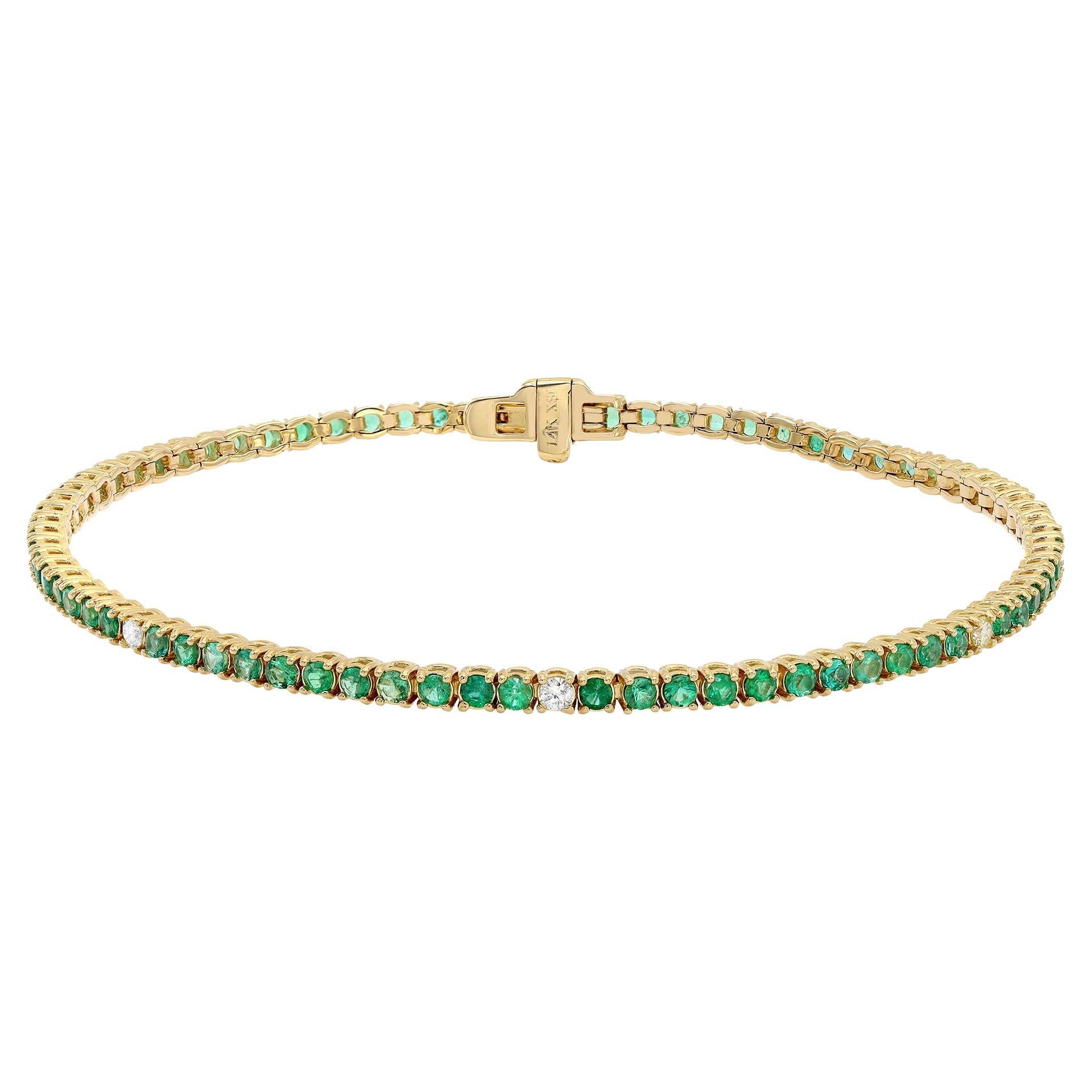 1.98cttw Green Emerald & Diamond Tennis Bracelet 14K Yellow Gold For Sale