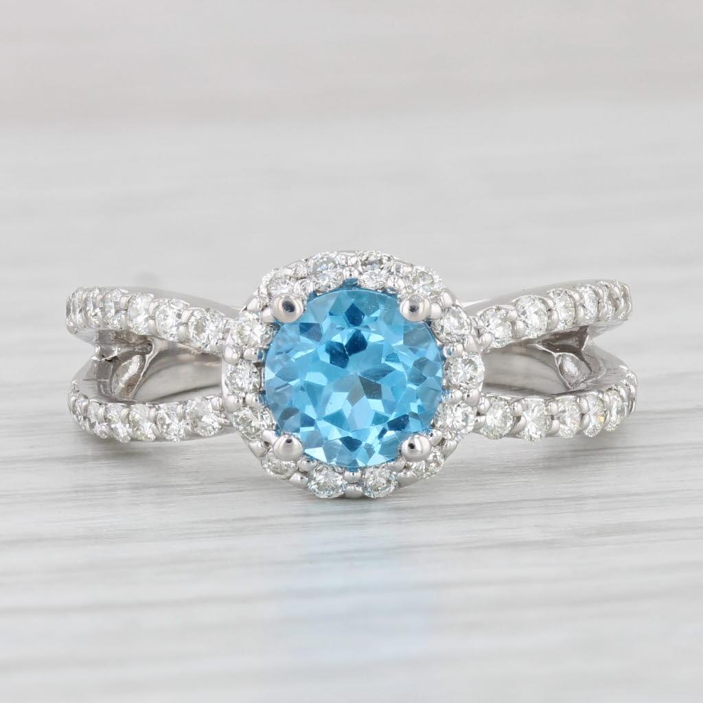 1.98ctw Anillo Halo de Diamantes Topacio Azul Oro Blanco 14k Talla 6.5 Compromiso Corte redondo en venta