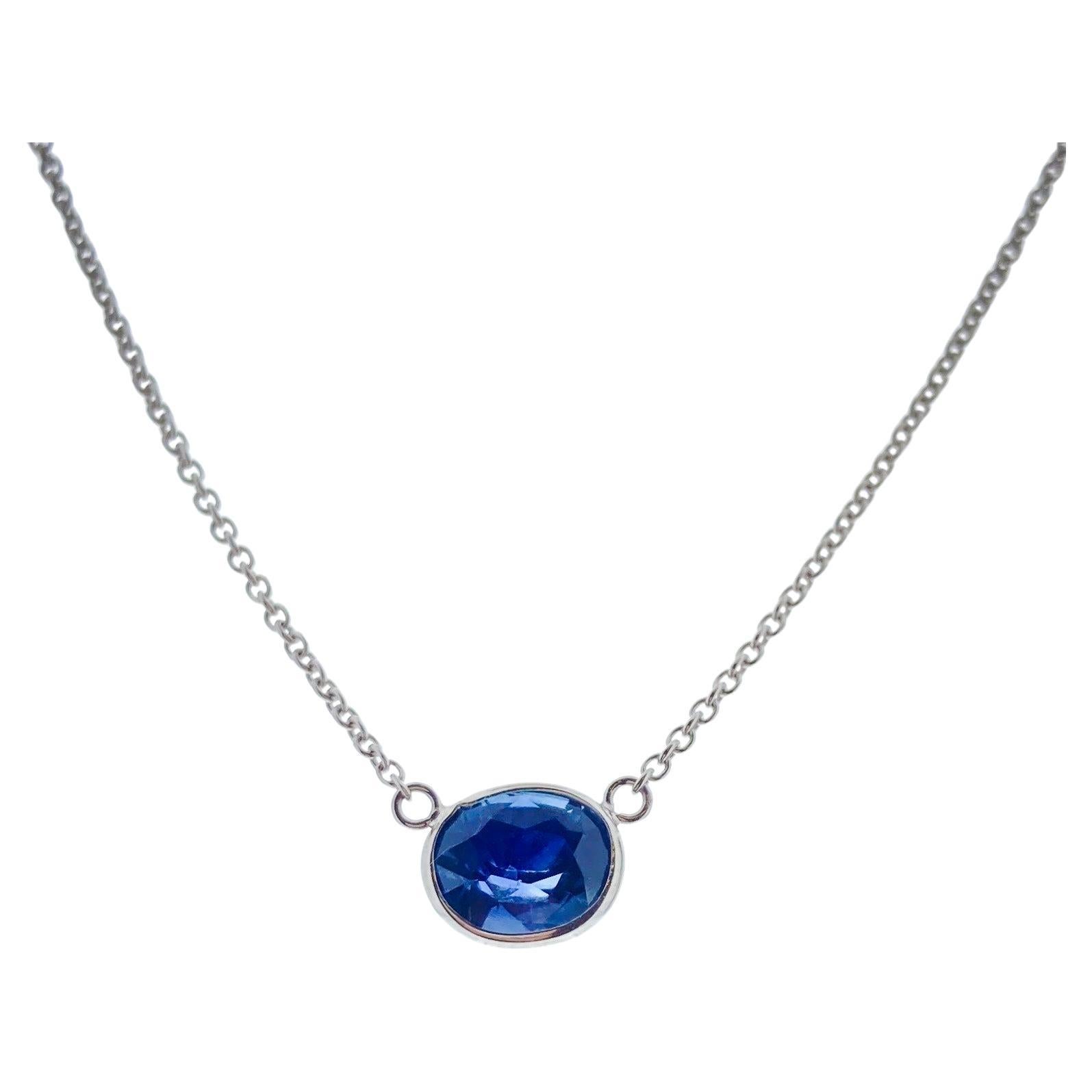 1.99 Carat Blue Oval Sapphire Fashion Necklaces In 14K White Gold  For Sale