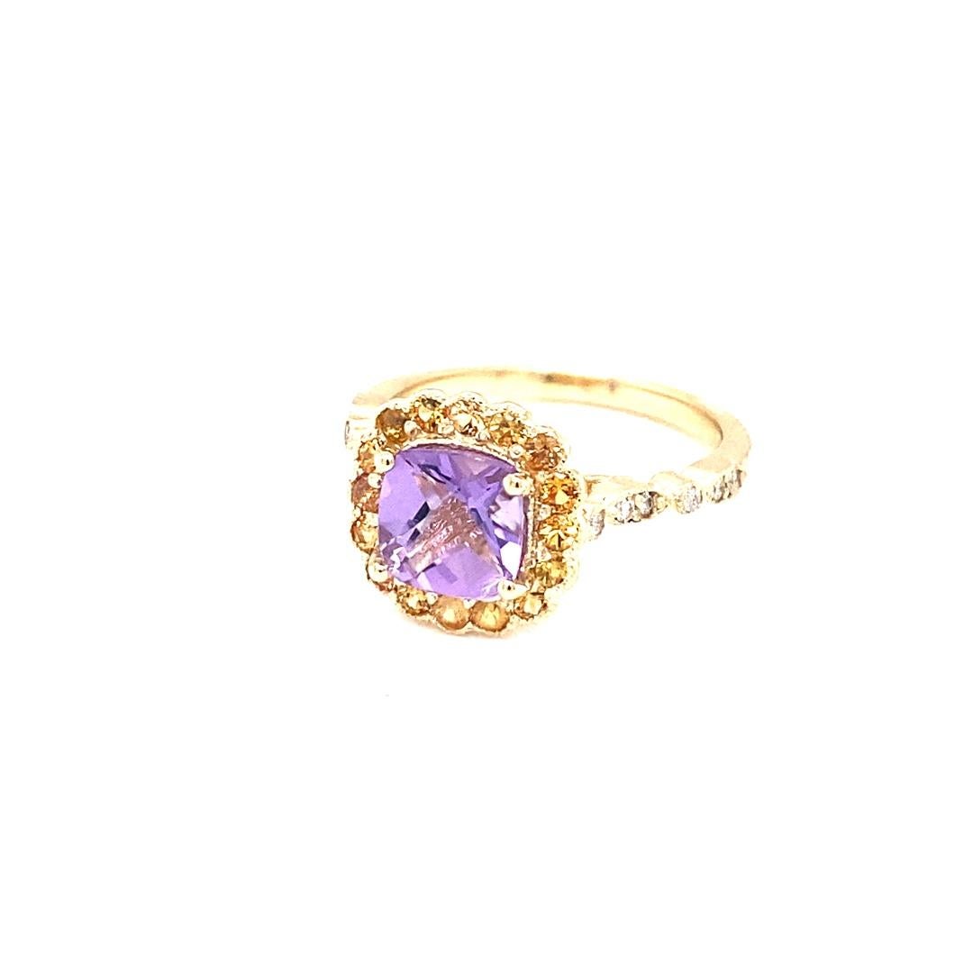 Contemporary 1.99 Carat Cushion Cut Amethyst Diamond Sapphire Yellow Gold Ring For Sale