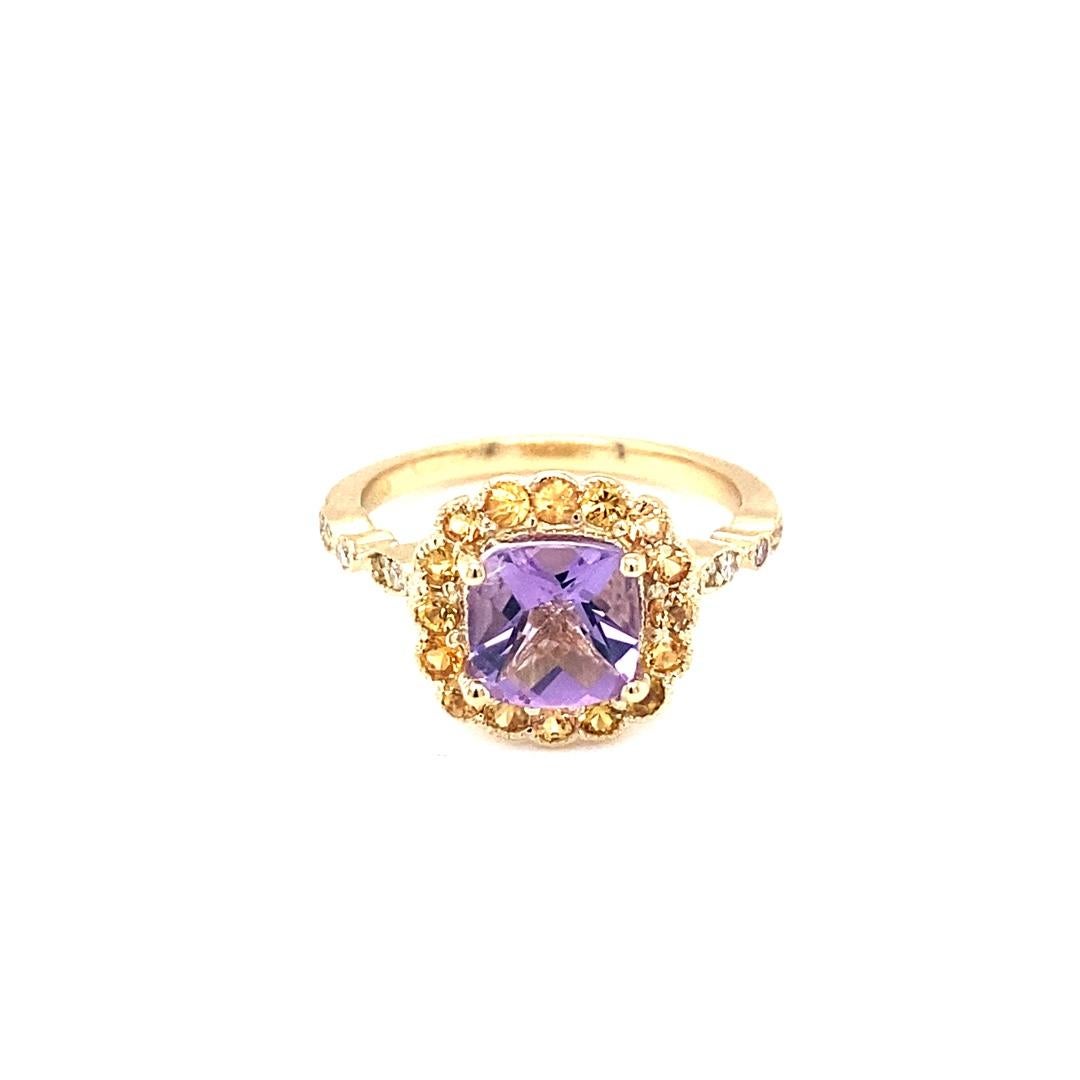 1.99 Carat Cushion Cut Amethyst Diamond Sapphire Yellow Gold Ring In New Condition For Sale In Los Angeles, CA