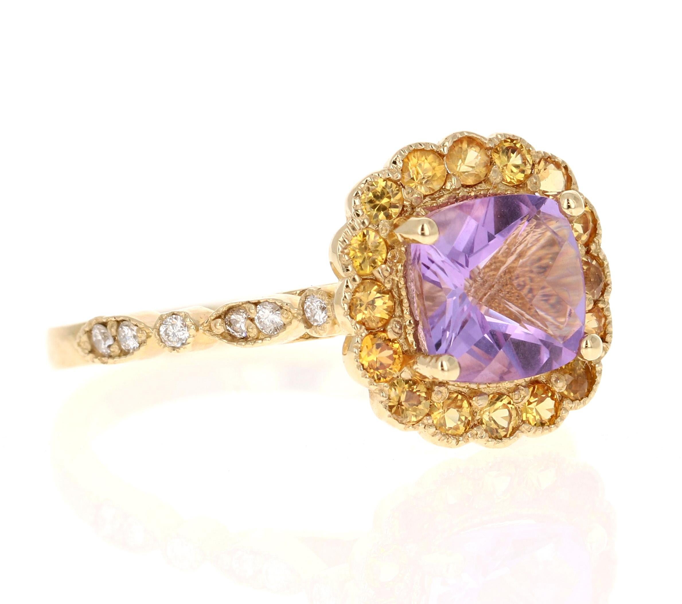 1.99 Carat Cushion Cut Amethyst Diamond Sapphire 14K Yellow Gold Ring

This cute and dainty ring is great for everyday wear!!  It has a 1.35 carat Cushion Cut Amethyst and is surrounded by 16 Round Cut Yellow Sapphires that weigh 0.52 carats and 12