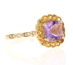 1.99 Carat Cushion Cut Amethyst Diamond Sapphire Yellow Gold Ring