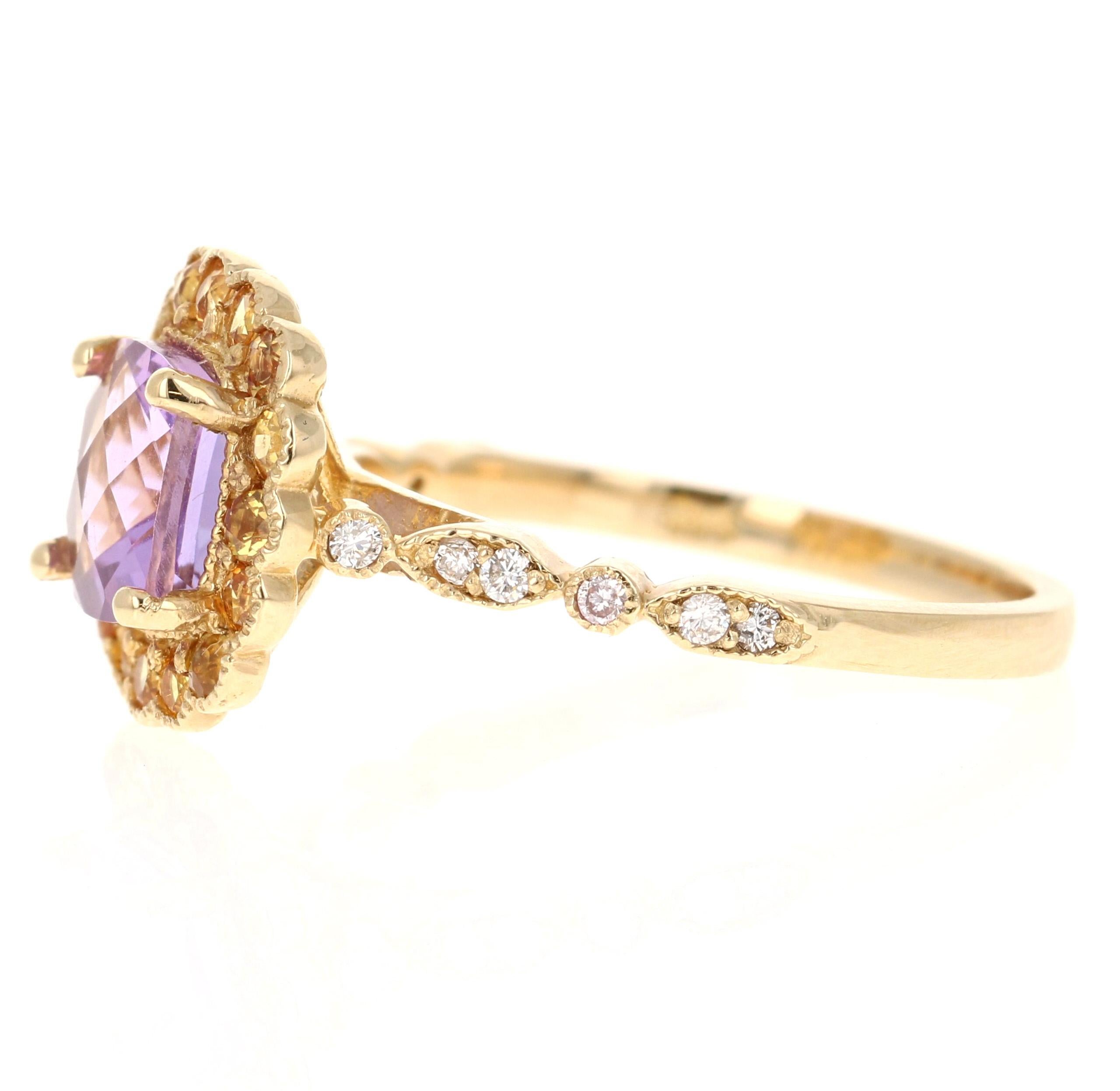 Contemporary 1.99 Carat Cushion Cut Amethyst Diamond Sapphire Yellow Gold Ring For Sale
