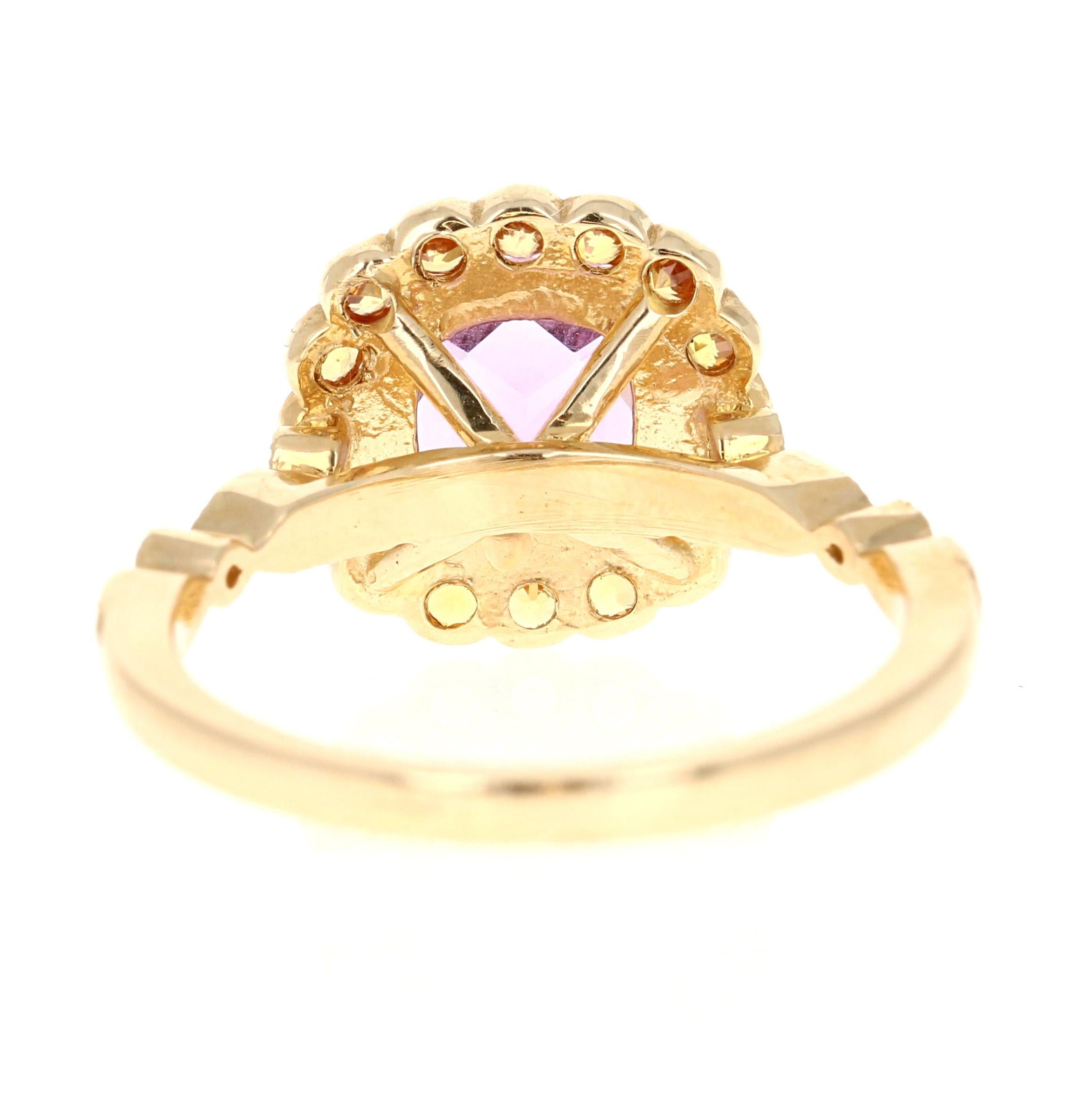 1.99 Carat Cushion Cut Amethyst Diamond Sapphire Yellow Gold Ring In New Condition For Sale In Los Angeles, CA