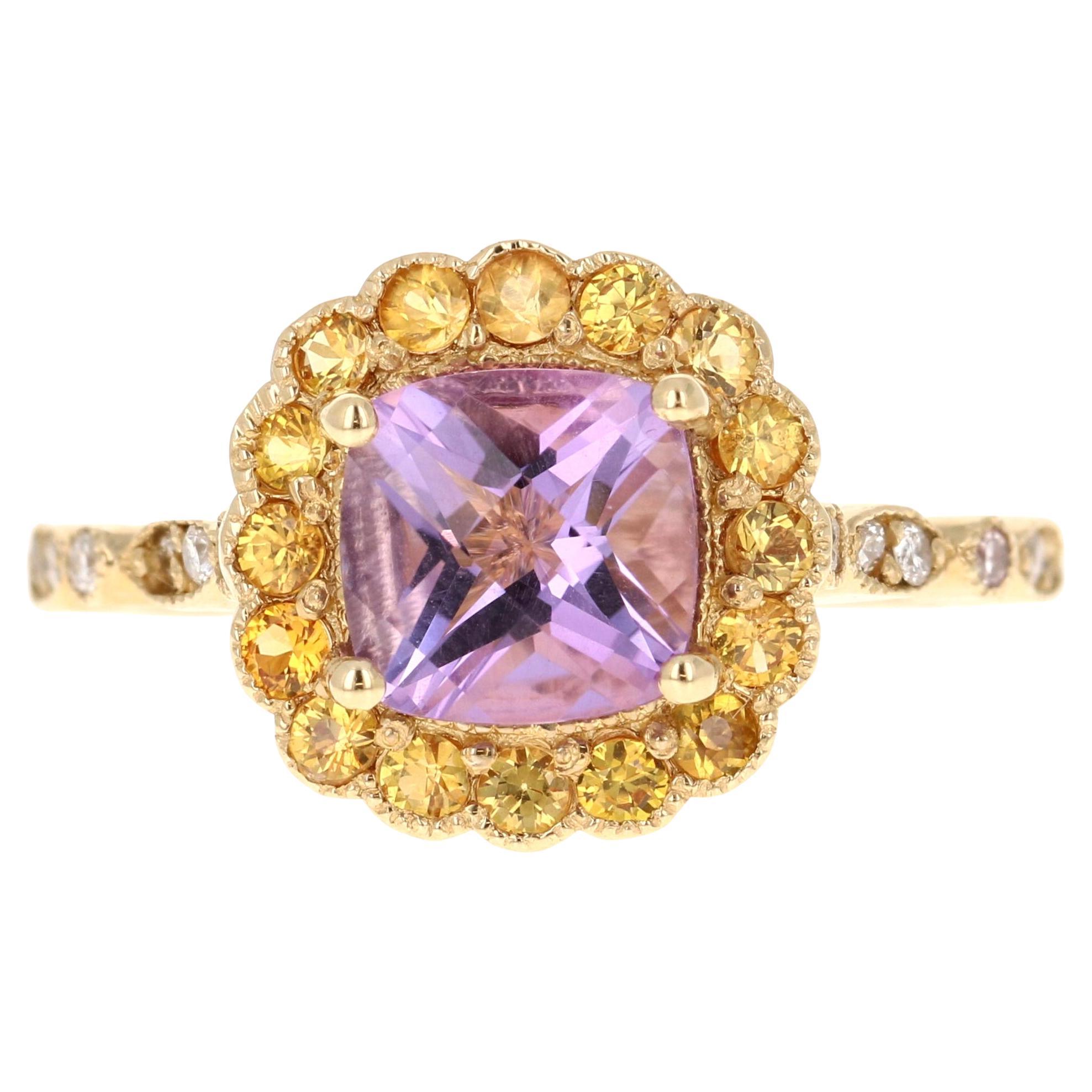 1.99 Carat Cushion Cut Amethyst Diamond Sapphire Yellow Gold Ring For Sale