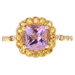 1.99 Carat Cushion Cut Amethyst Diamond Sapphire Yellow Gold Ring