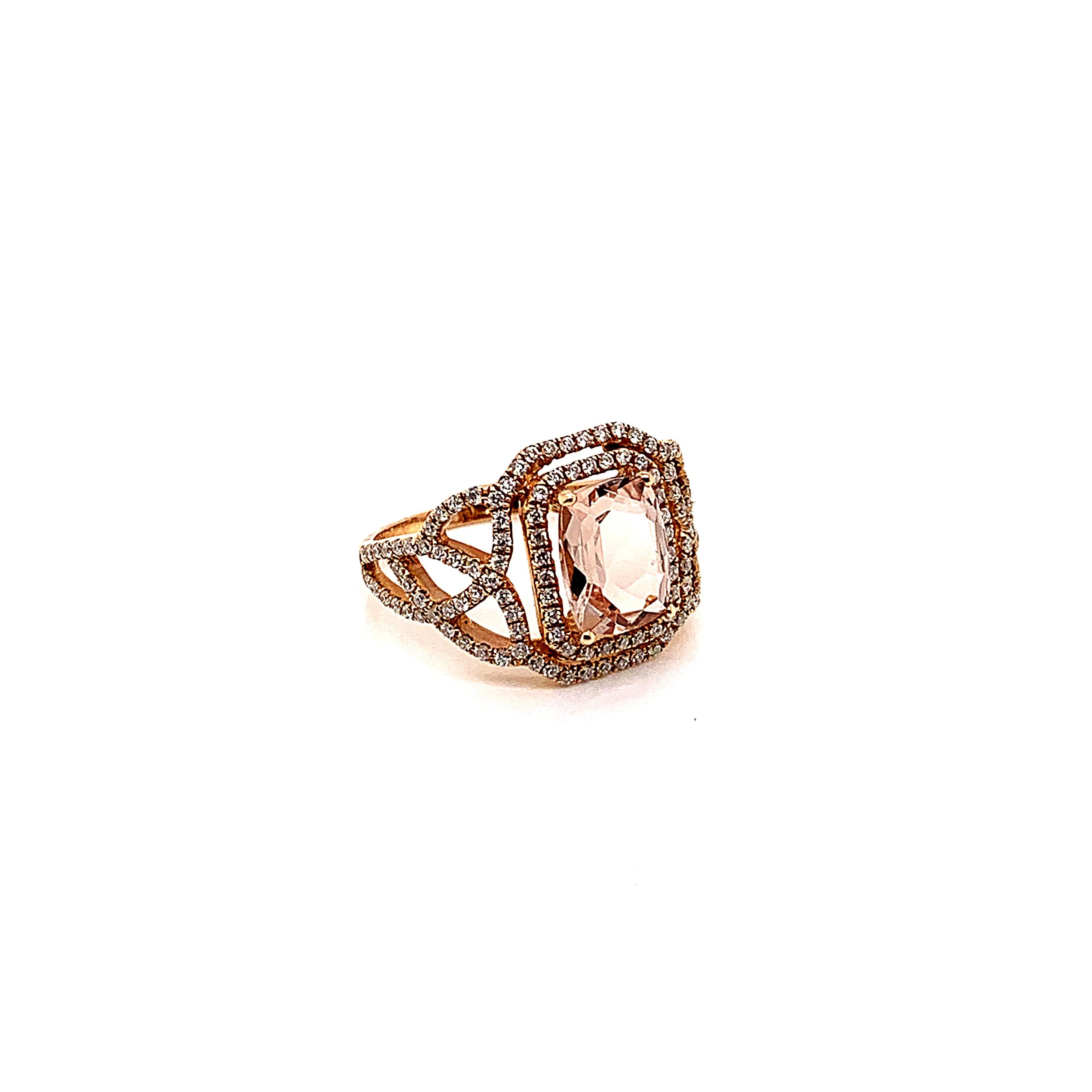 This collection features an array of magnificent morganites! Accented with diamonds these rings are made in rose gold and so give a classic yet elegant look. 

Classic morganite ring in 18K rose gold with diamonds. 

Morganite: 1.99 carat cushion