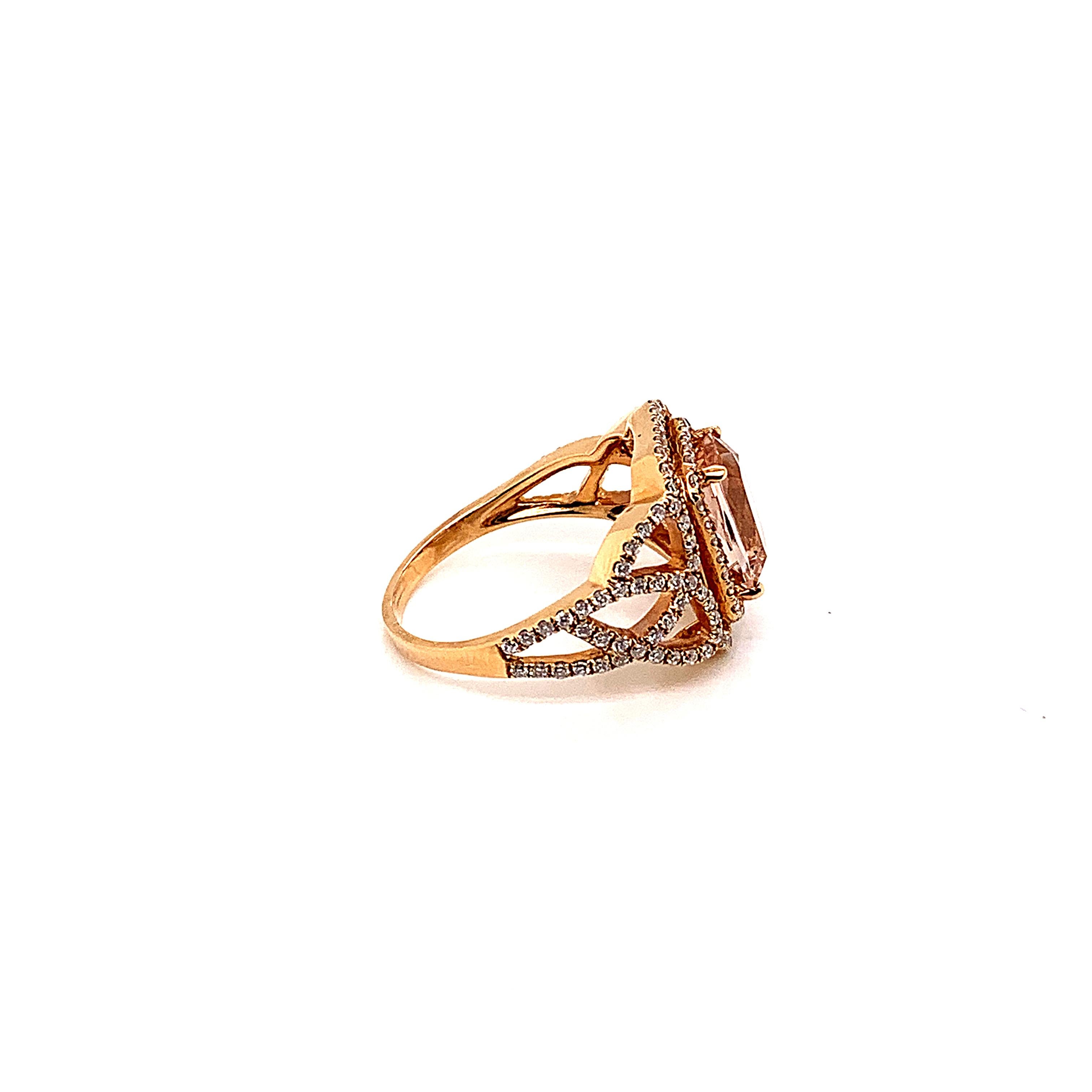 Contemporary 1.99 Carat Cushion Shaped Morganite Ring in 18 Karat Rose Gold with Diamonds For Sale