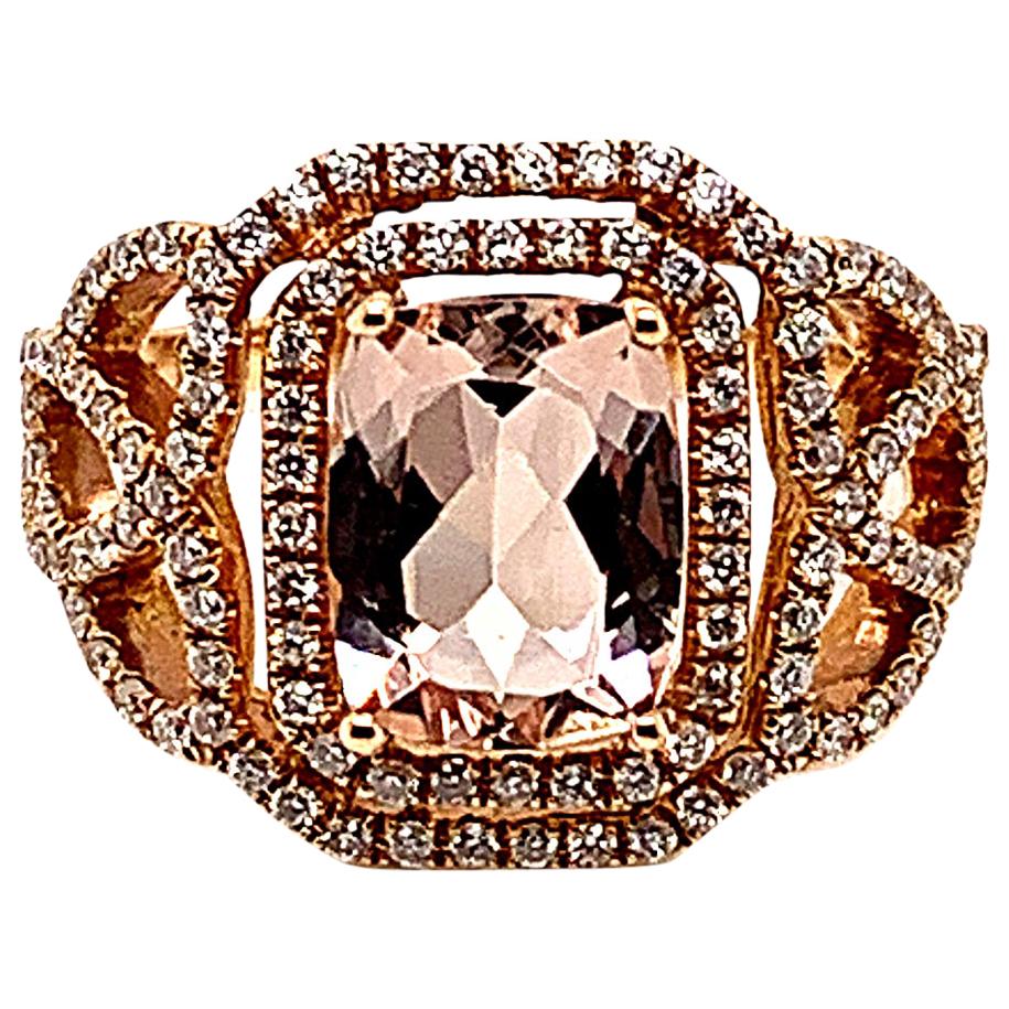 1.99 Carat Cushion Shaped Morganite Ring in 18 Karat Rose Gold with Diamonds For Sale