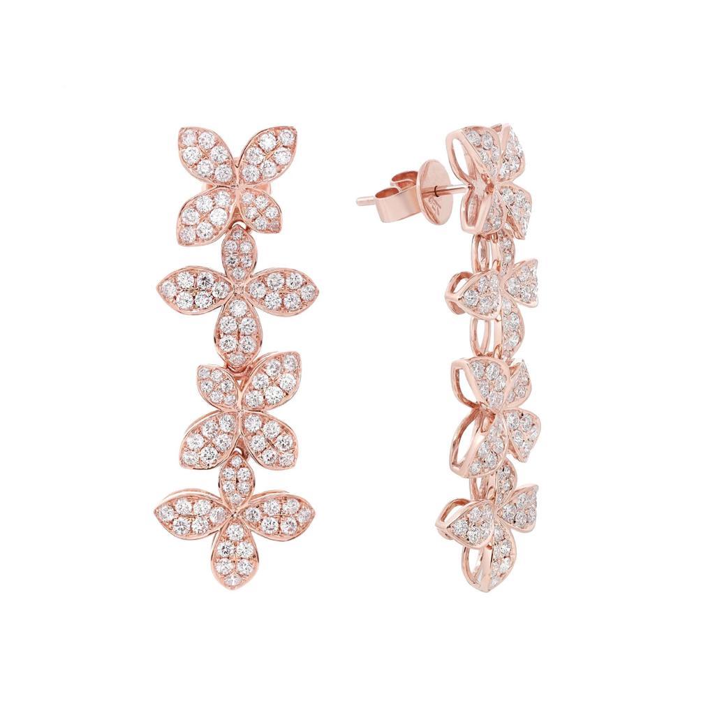 Taille ronde Boucles d'oreilles pendantes fleur en or rose 18 carats 1,99 carat de diamant en vente