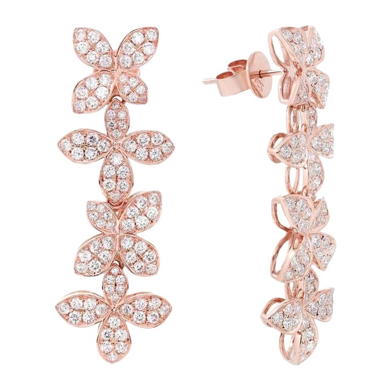 1.99 Carat Diamond Flower Drop Earrings 18K Rose Gold For Sale