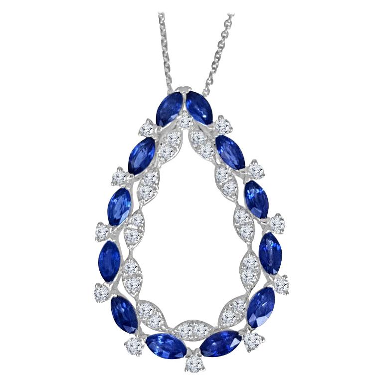 1.99 Carat Marquise Cut Blue Sapphire and Round Diamond Pendant