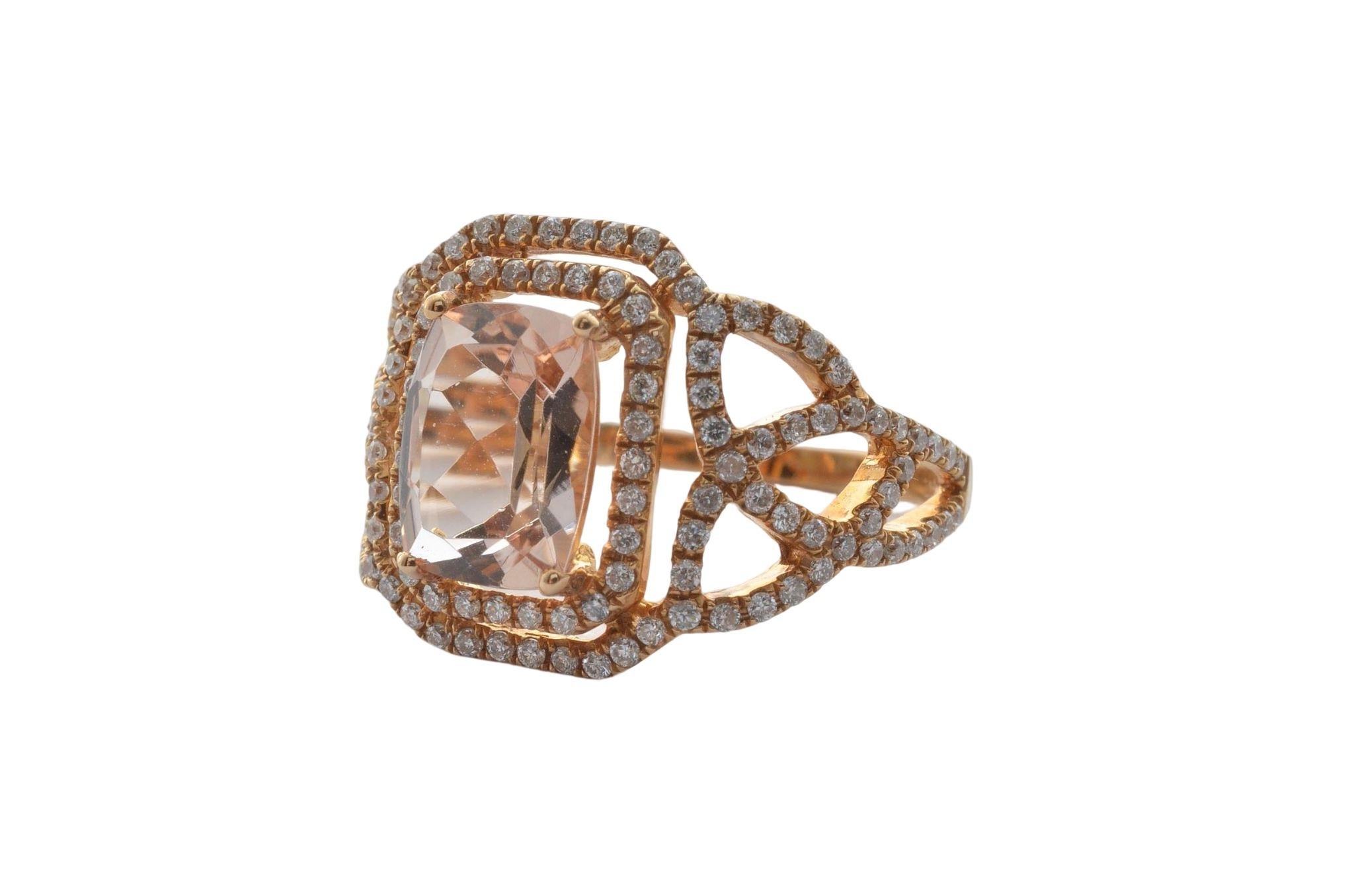 Cushion Cut 1.99 Carat Morganite and Diamond Ring in 18 Karat Rose Gold For Sale