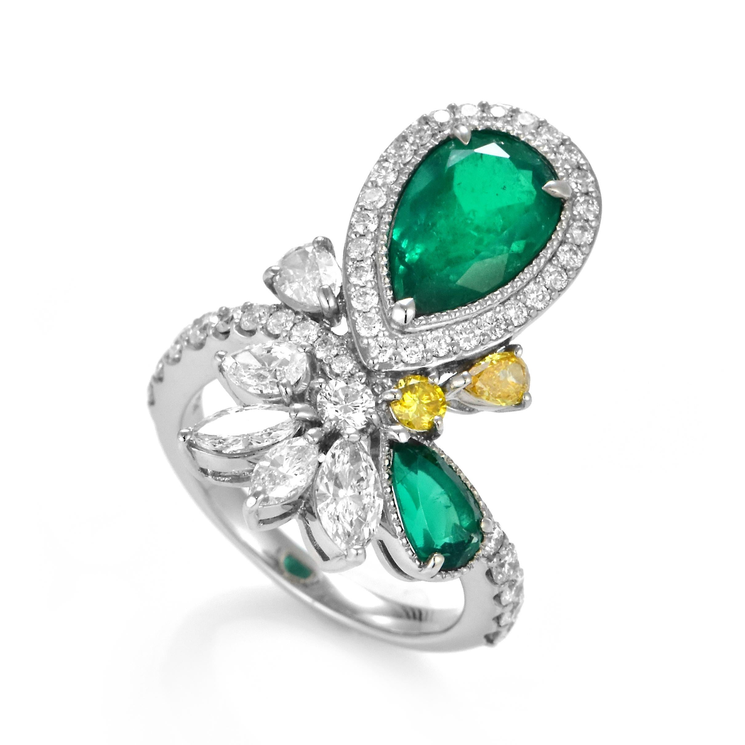 A stunning ring featuring a 1.993 Carat Natural Emerald and 1.804 Carats of Diamond Accents set in Platinum. People have admired emerald’s green for thousands of years. Emeralds have always been associated with the lushest landscapes and the richest
