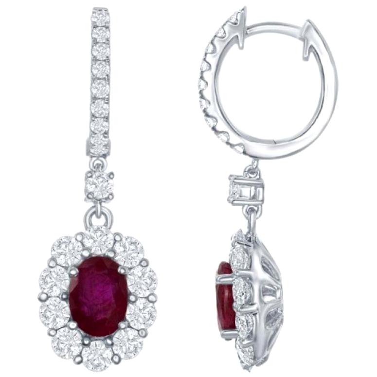 1.99 Carat Oval Brilliant Cut Ruby Drop Earrings with 1.88ct of Diamonds in 18kt For Sale