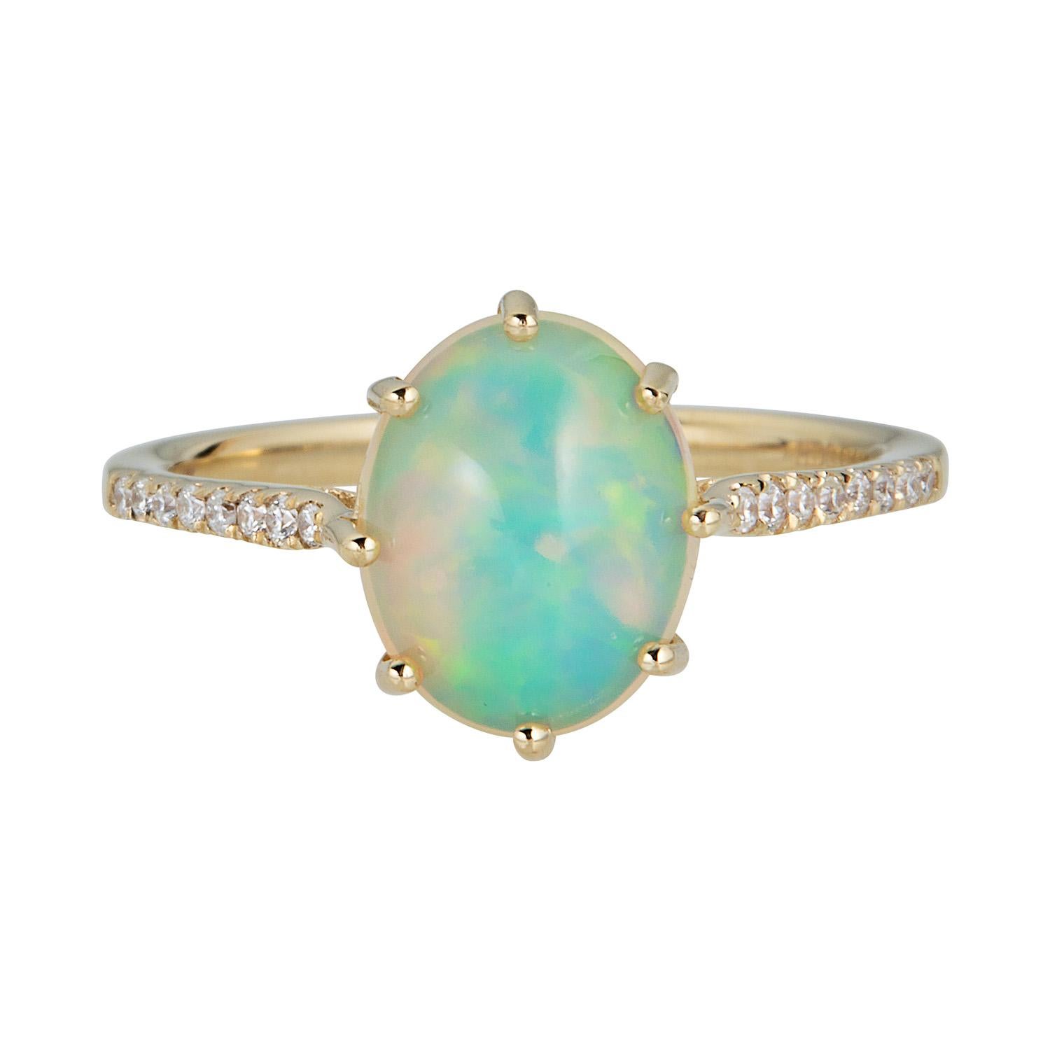 1.99 Carat Oval Cab Ethiopian Opal and Round Diamond 14 Karat Yellow Gold Ring