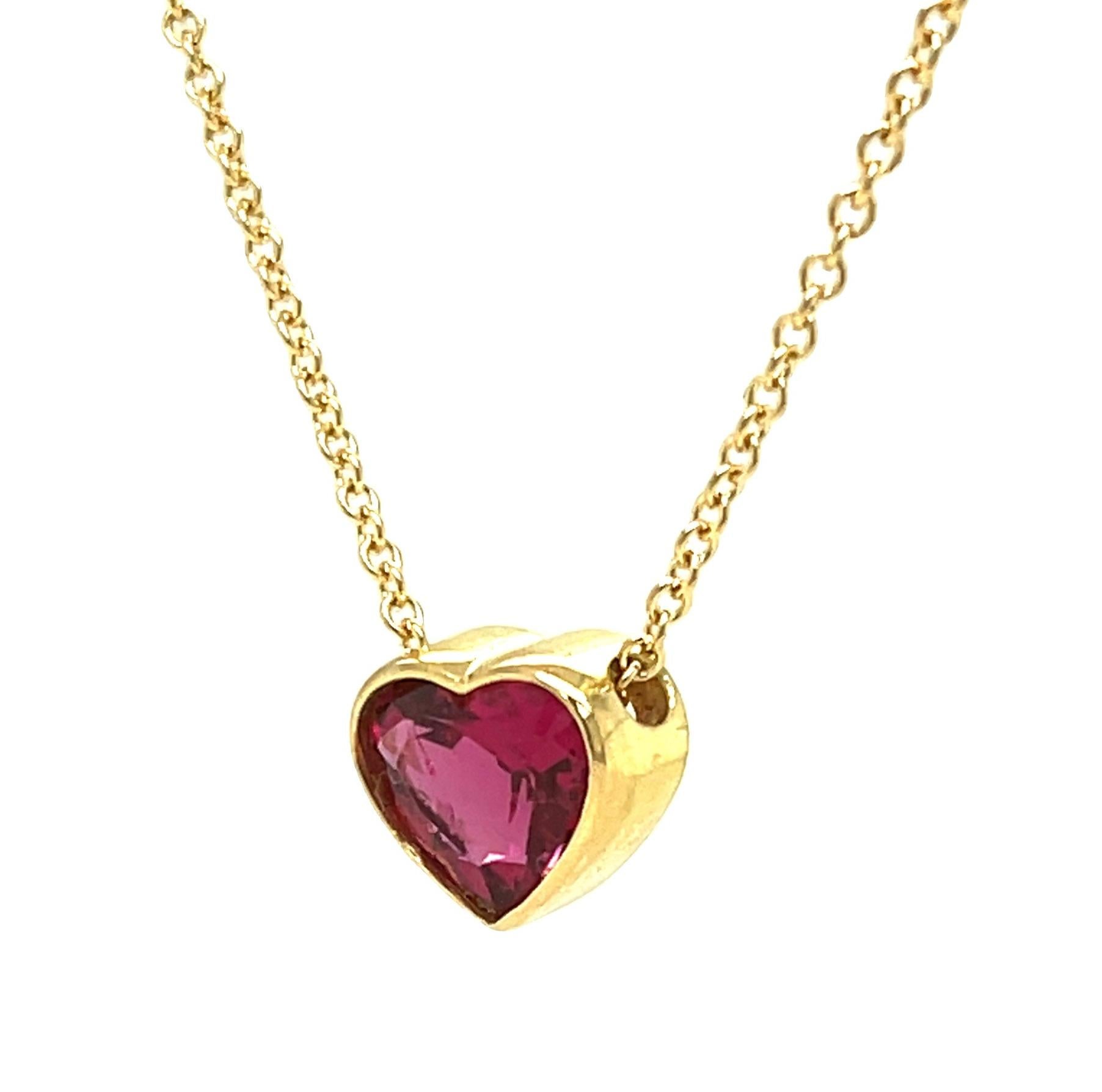 Heart Cut 1.99 Carat Heart Shaped Pink Rubellite Tourmaline Necklace in 18k Yellow Gold For Sale
