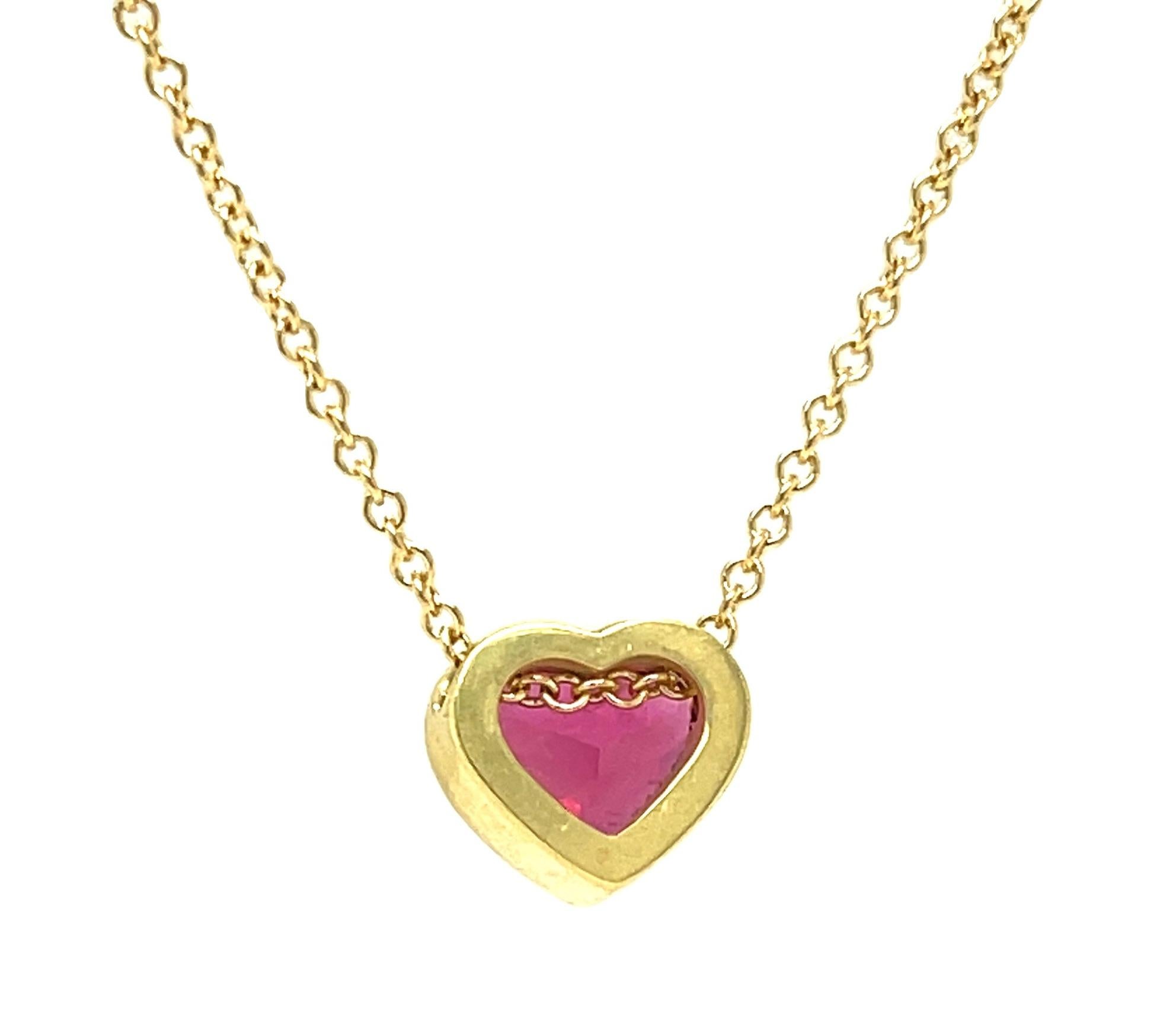 Women's 1.99 Carat Heart Shaped Pink Rubellite Tourmaline Necklace in 18k Yellow Gold For Sale