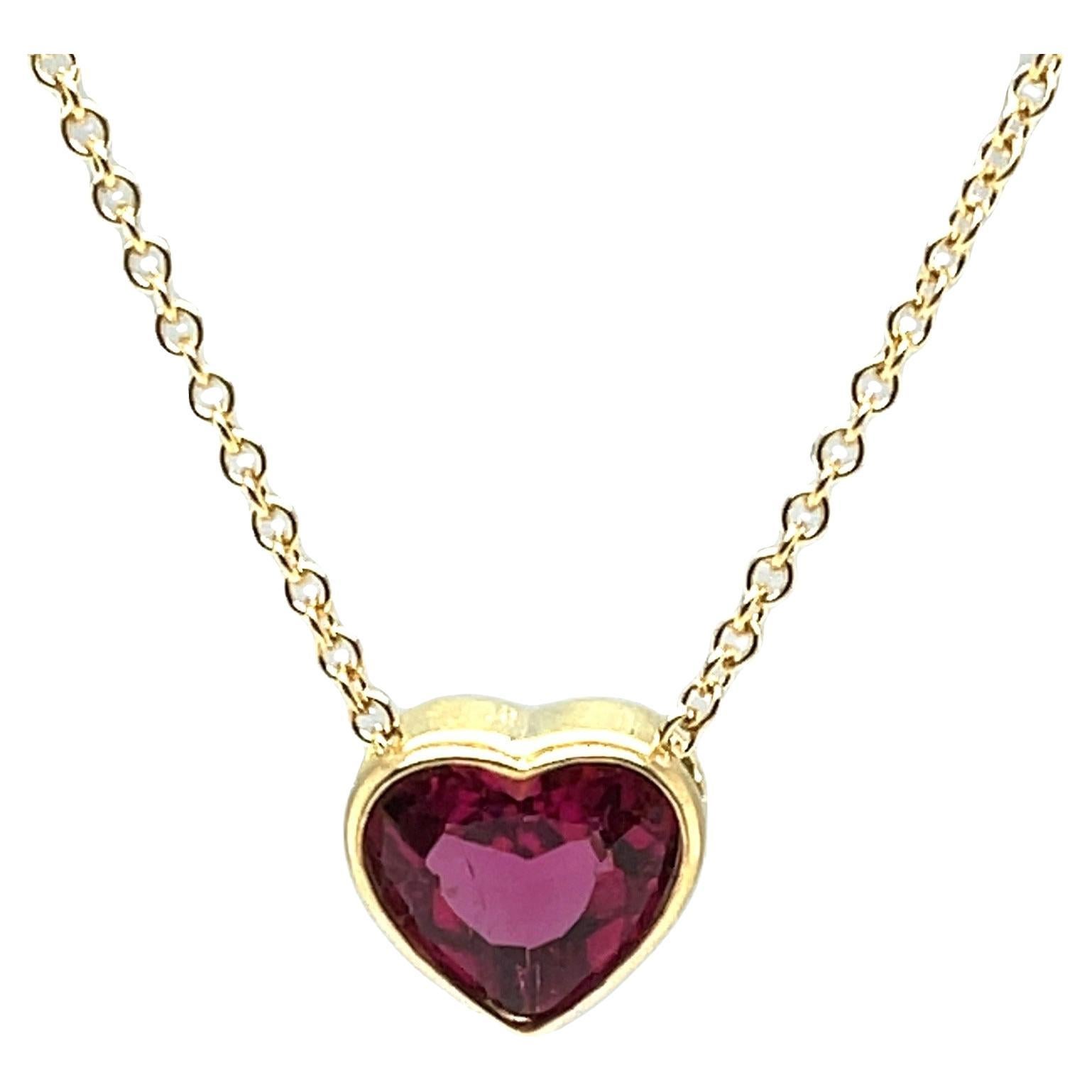 1.99 Carat Heart Shaped Pink Rubellite Tourmaline Necklace in 18k Yellow Gold For Sale