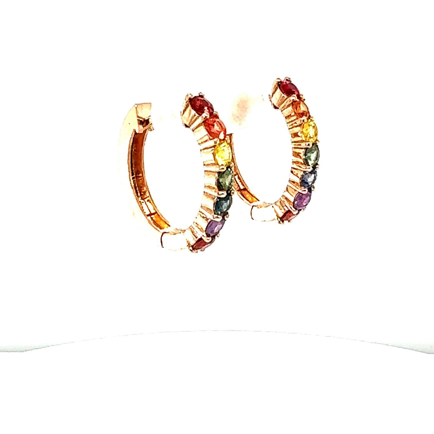 Contemporary 1.99 Carat Rainbow Sapphire Rose Gold Hoop Earrings For Sale