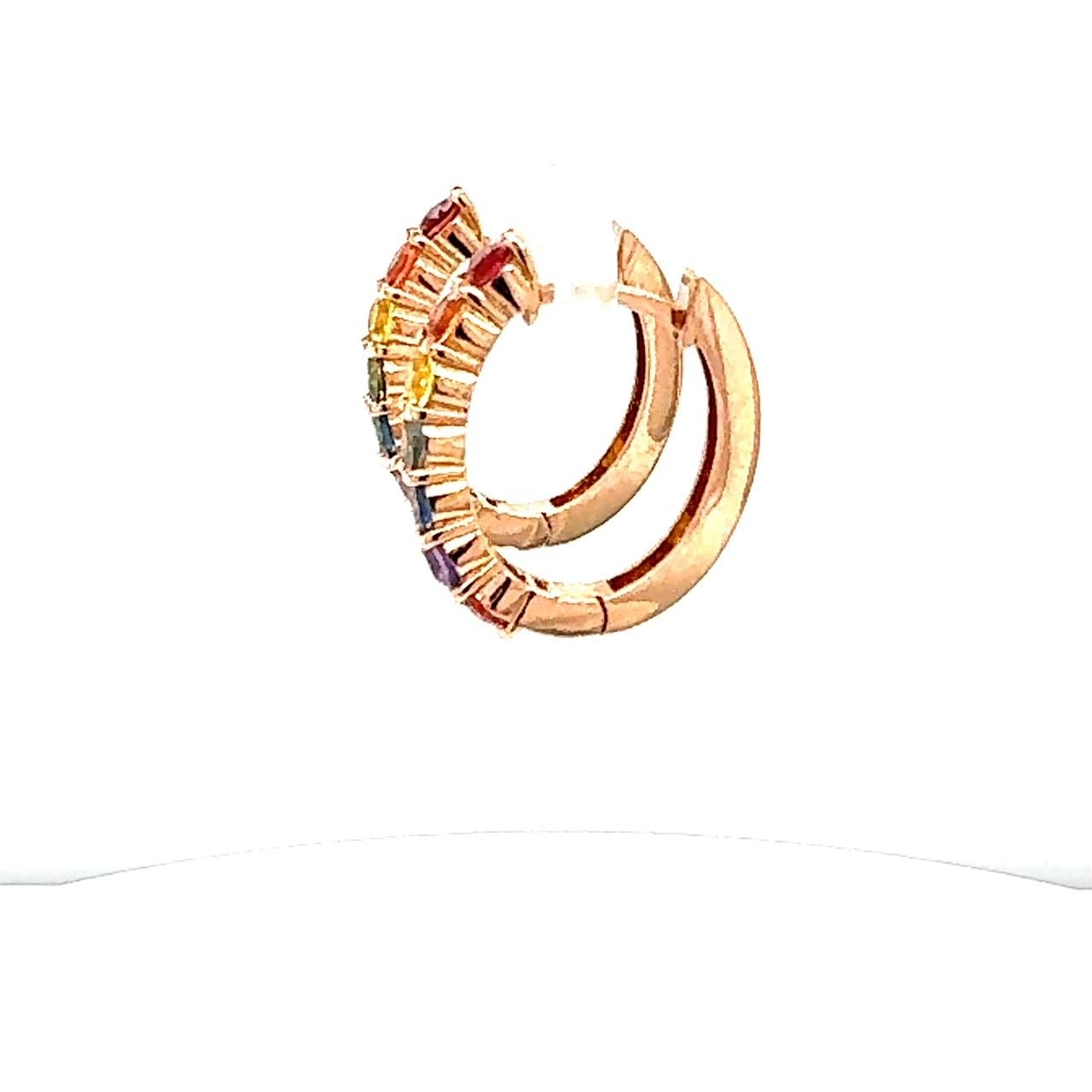 Round Cut 1.99 Carat Rainbow Sapphire Rose Gold Hoop Earrings For Sale