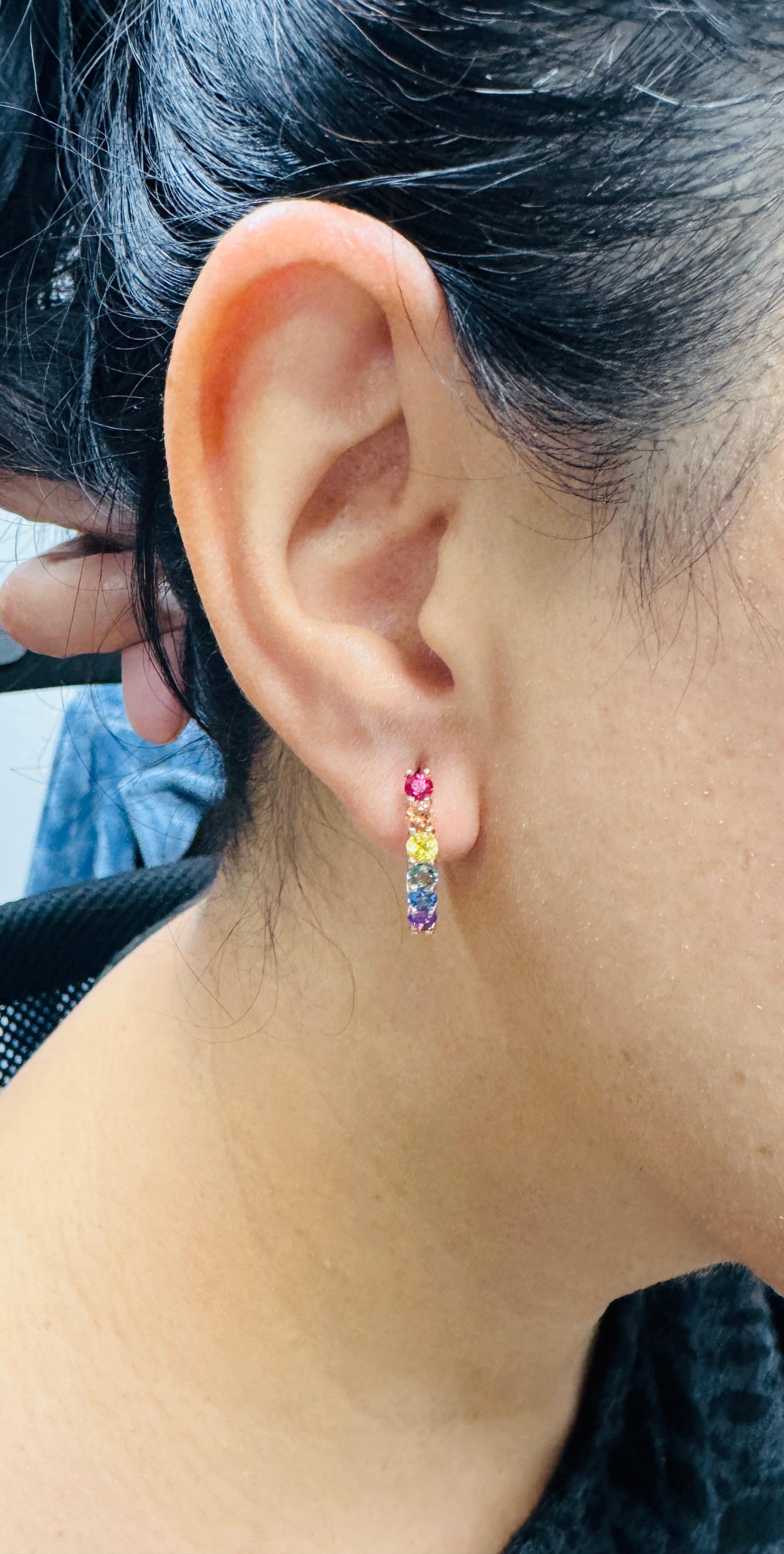 1.99 Carat Rainbow Sapphire Rose Gold Hoop Earrings For Sale 1