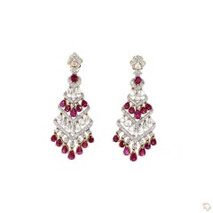 1.99 Carat Round Brilliant Cut Diamond Ruby Gold Earrings