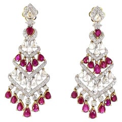 1.99 Carat Round Brilliant Cut Diamond Ruby Gold Earrings