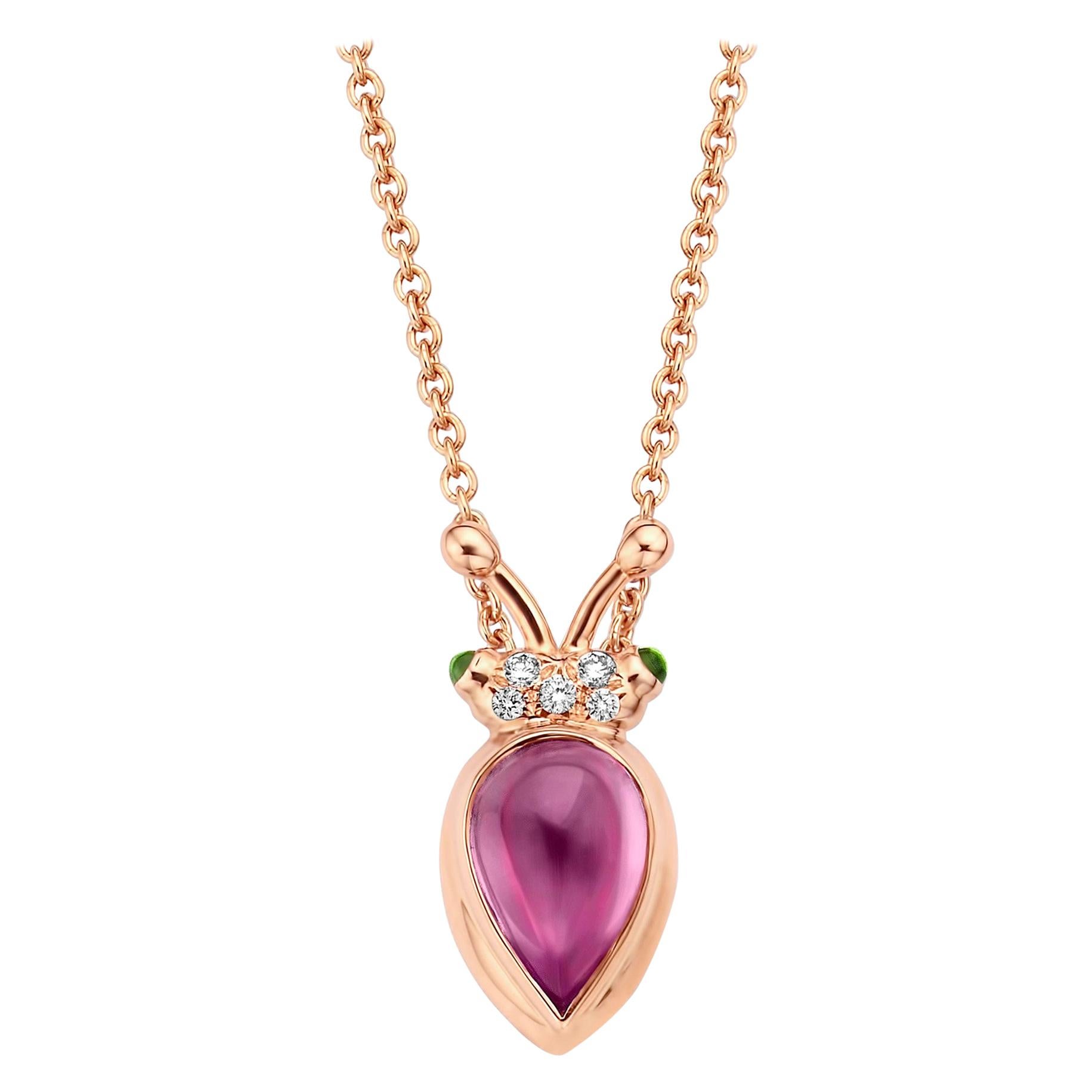 One of a kind lucky beetle necklace in 18K rose gold 6g created by jewelry designer Celine Roelens. 
This necklace is set with 0,04Ct of the finest brilliant cut diamonds in VVS/DEF quality and one natural, royal purple garnet in pear cabochon cut