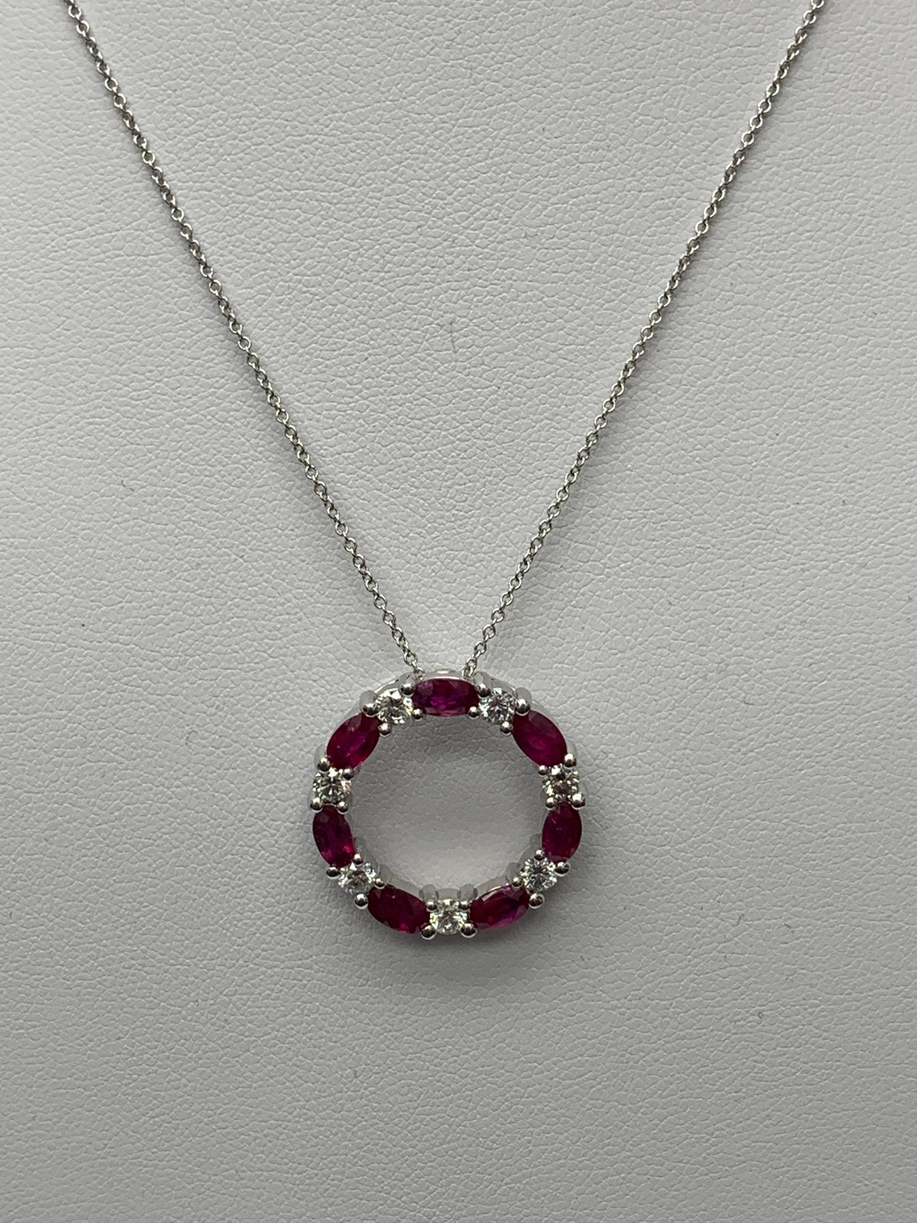 Modern 1.99 Carat Ruby and Diamond Circle Pendant Necklace in 14k White Gold For Sale