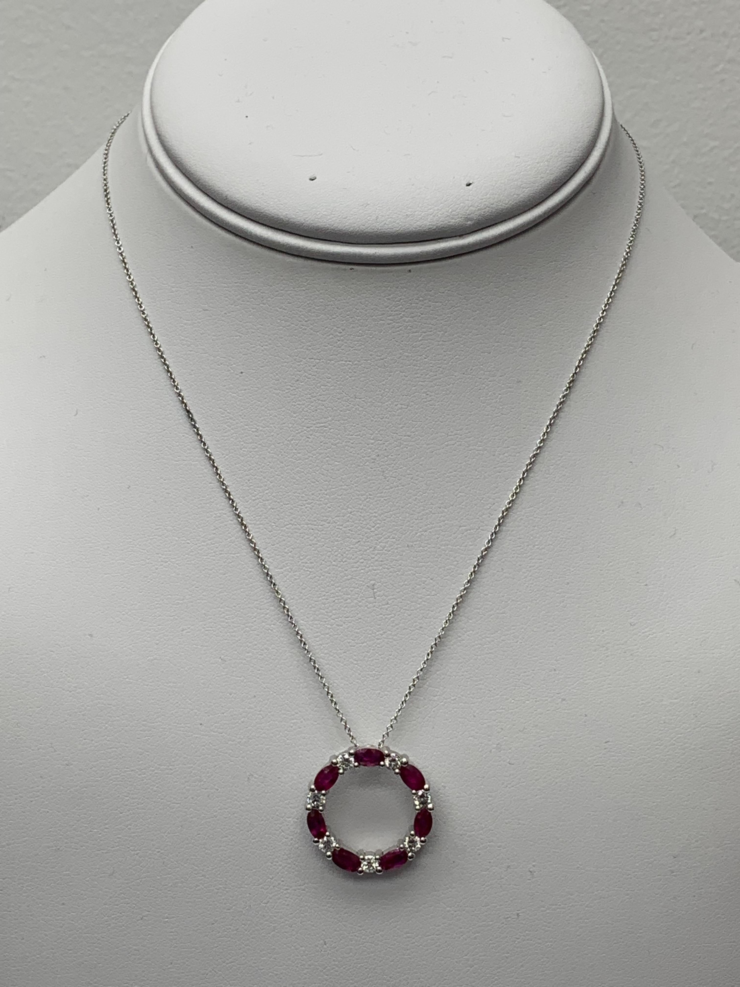 Mixed Cut 1.99 Carat Ruby and Diamond Circle Pendant Necklace in 14k White Gold For Sale