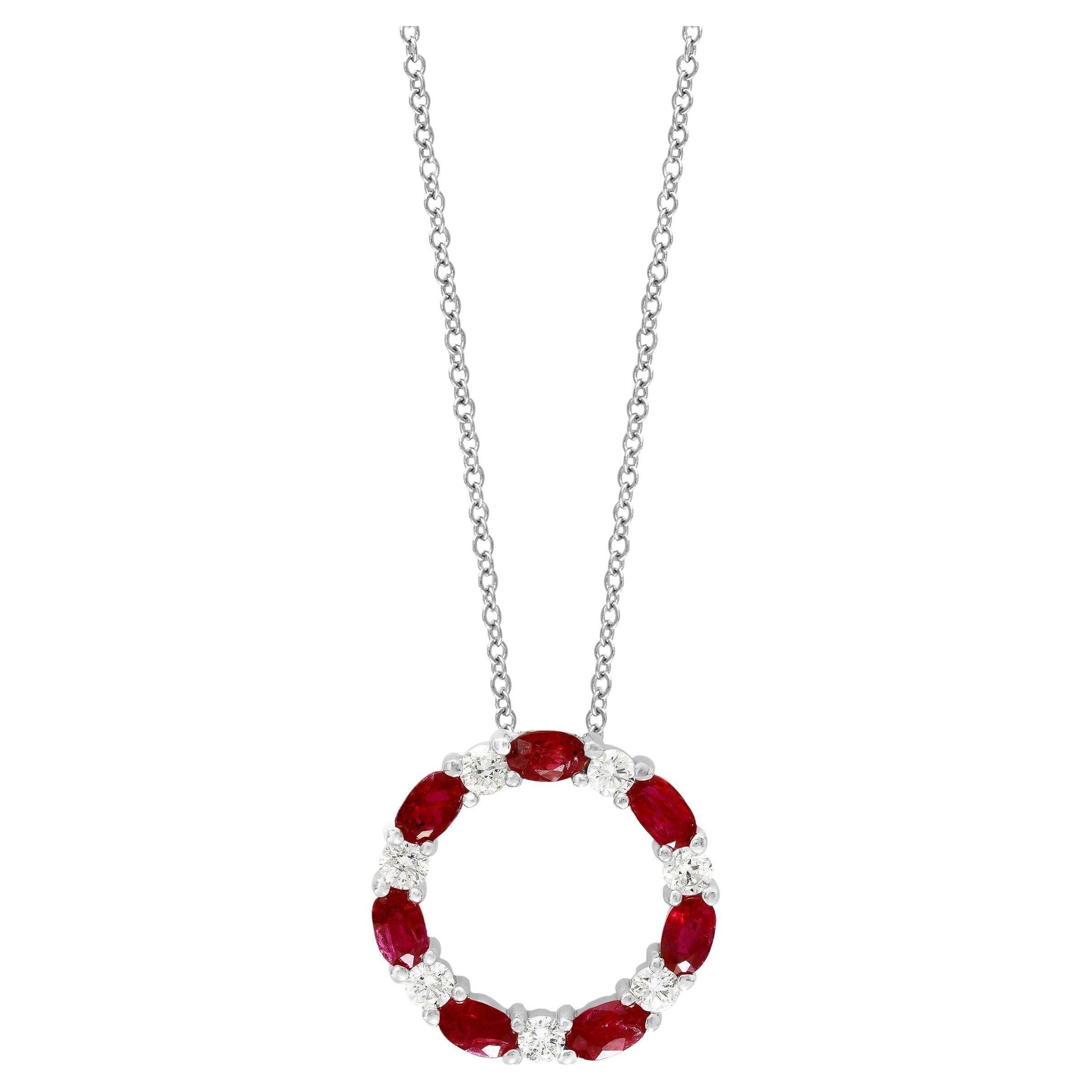 1.99 Carat Ruby and Diamond Circle Pendant Necklace in 14k White Gold For Sale