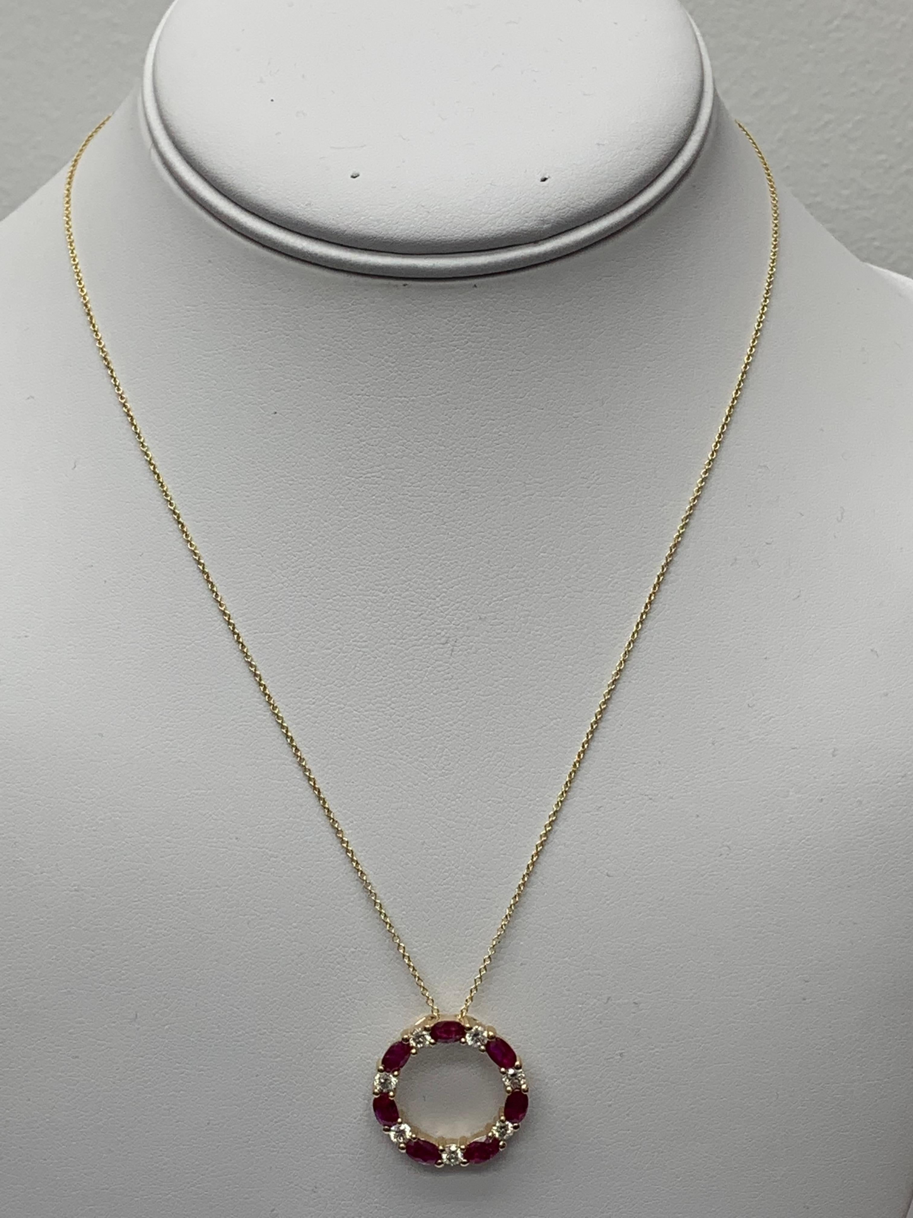 Modern 1.99 Carat Ruby and Diamond Circle Pendant Necklace in 14K Yellow Gold For Sale