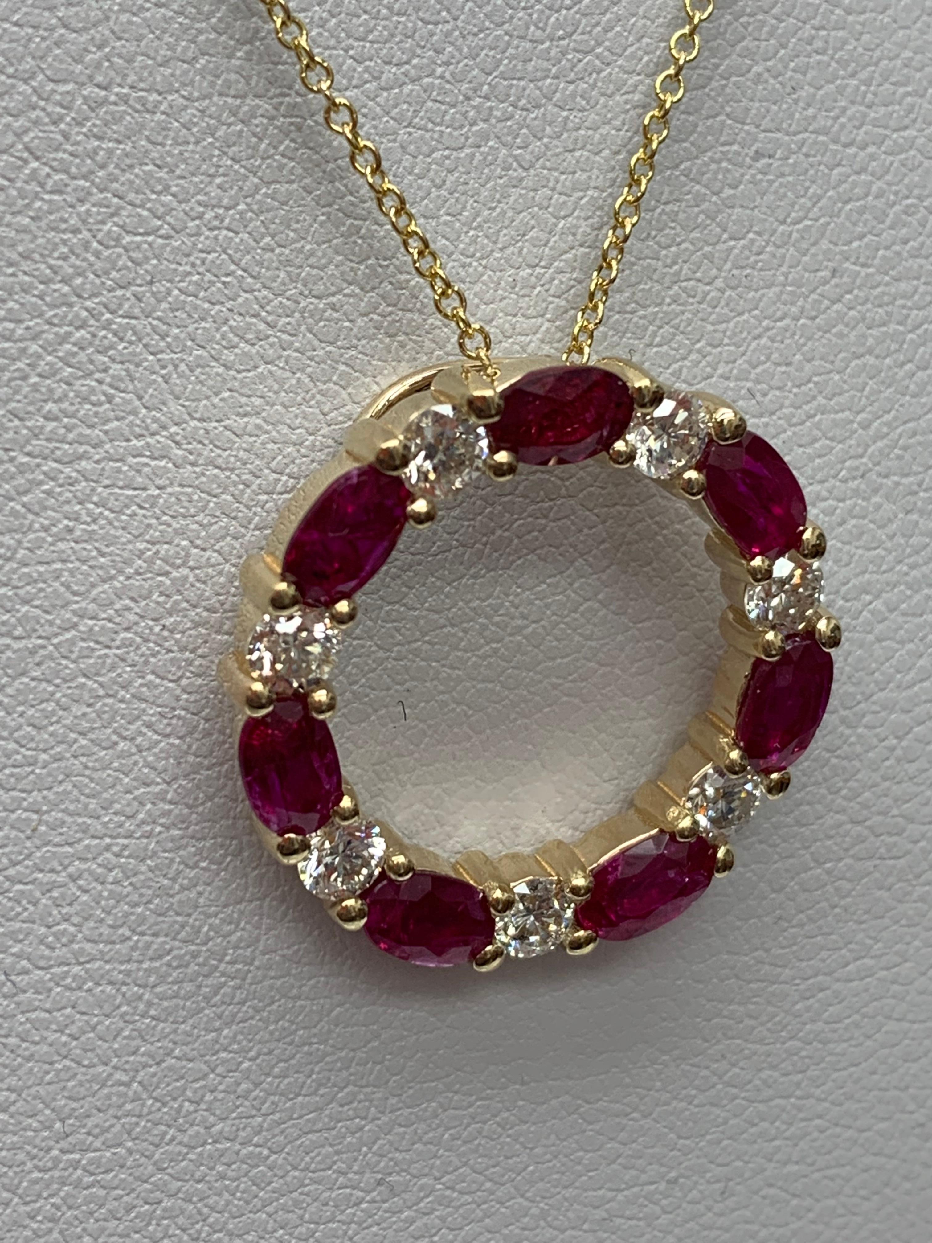 Mixed Cut 1.99 Carat Ruby and Diamond Circle Pendant Necklace in 14K Yellow Gold For Sale