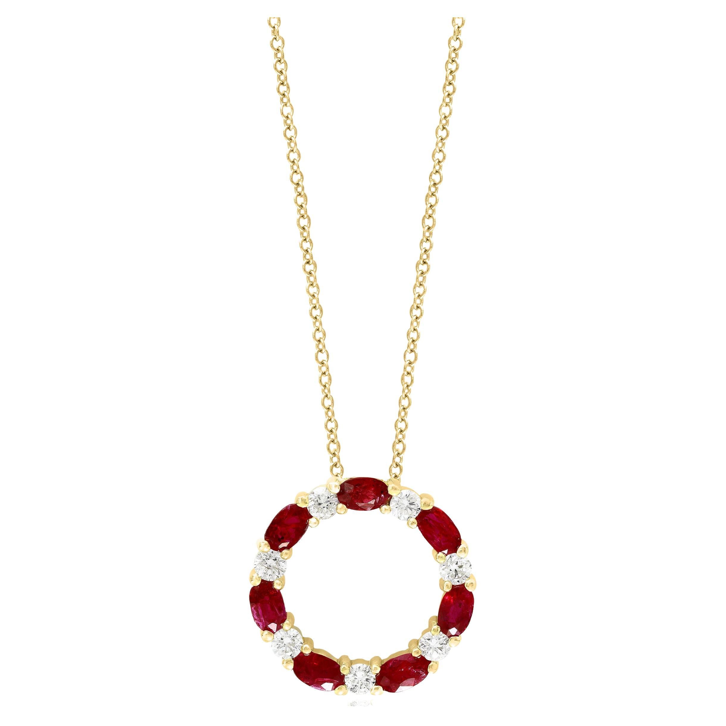 1.99 Carat Ruby and Diamond Circle Pendant Necklace in 14K Yellow Gold For Sale