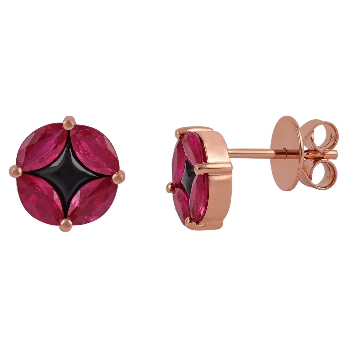 1.99 Carat Ruby & Black Onyx Earring Studs in 18k Solid Gold For Sale