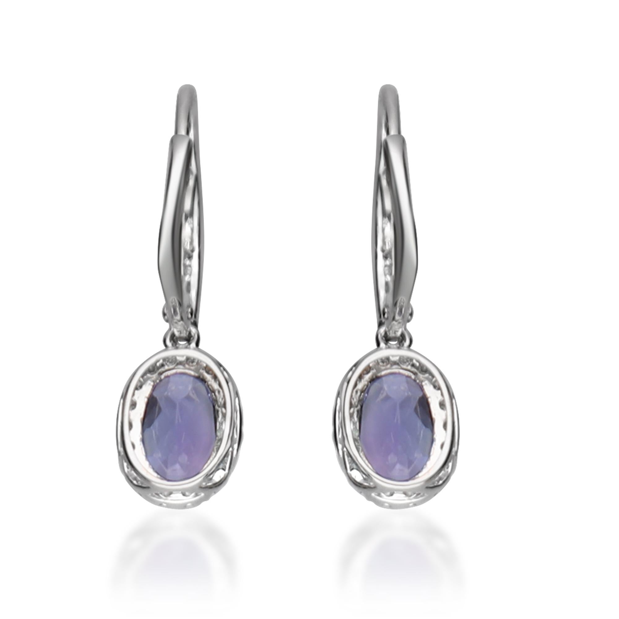 1.99 Carat Tanzanite Oval Cut and Diamond 14K White Gold Classic Earring In New Condition In New York, NY