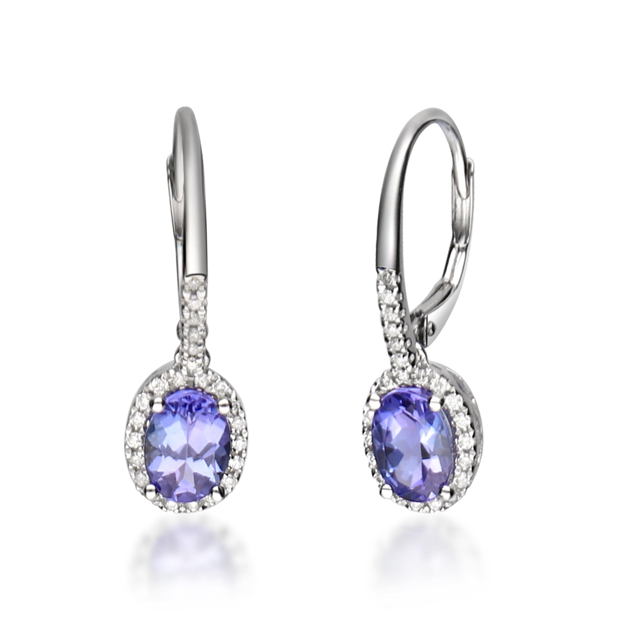 Art Deco 1.99 Carat Tanzanite Oval Cut and Diamond 14K White Gold Classic Earring For Sale