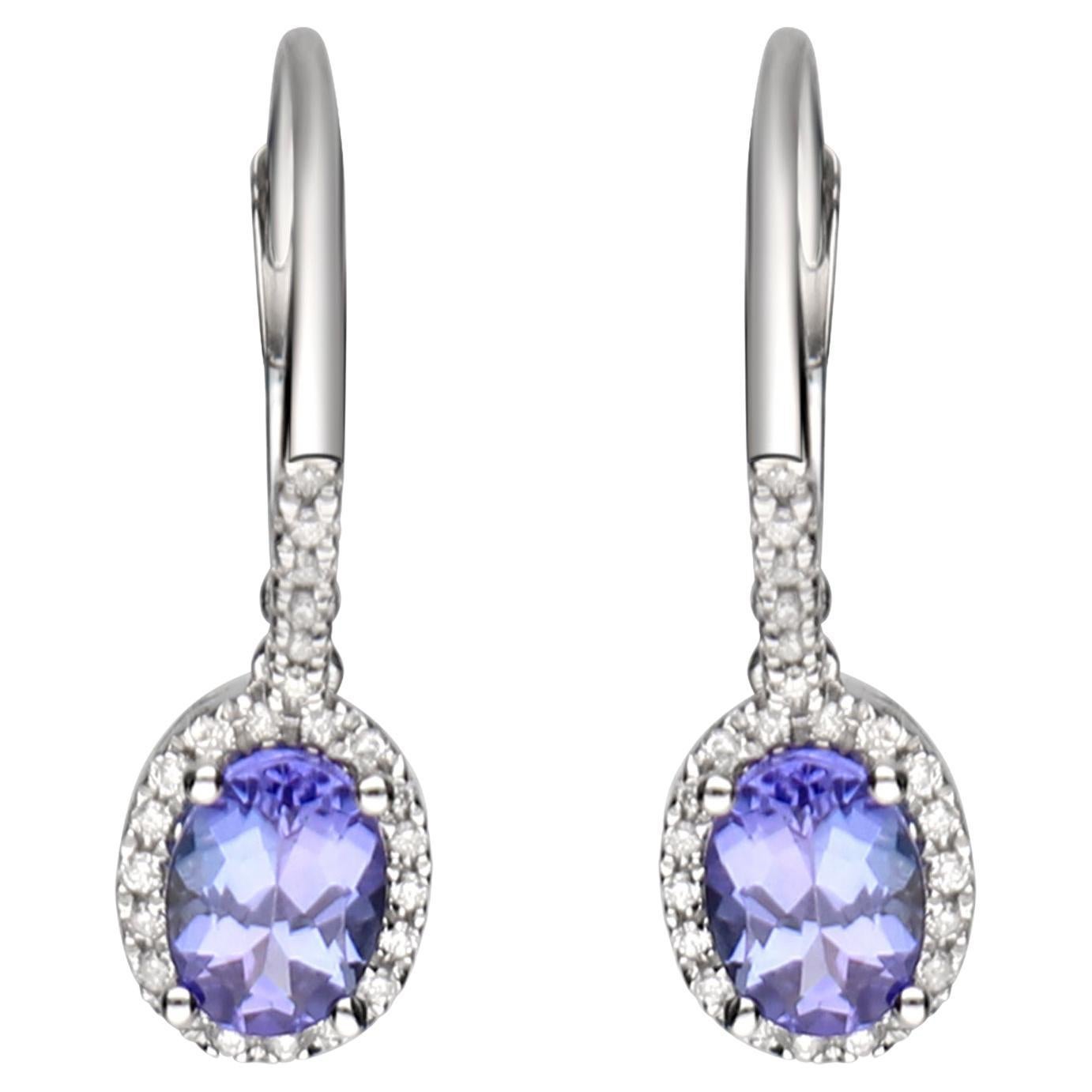 Boucle d'oreille classique en or blanc 14 carats Tanzanite taille ovale de 1,99 carat et diamant