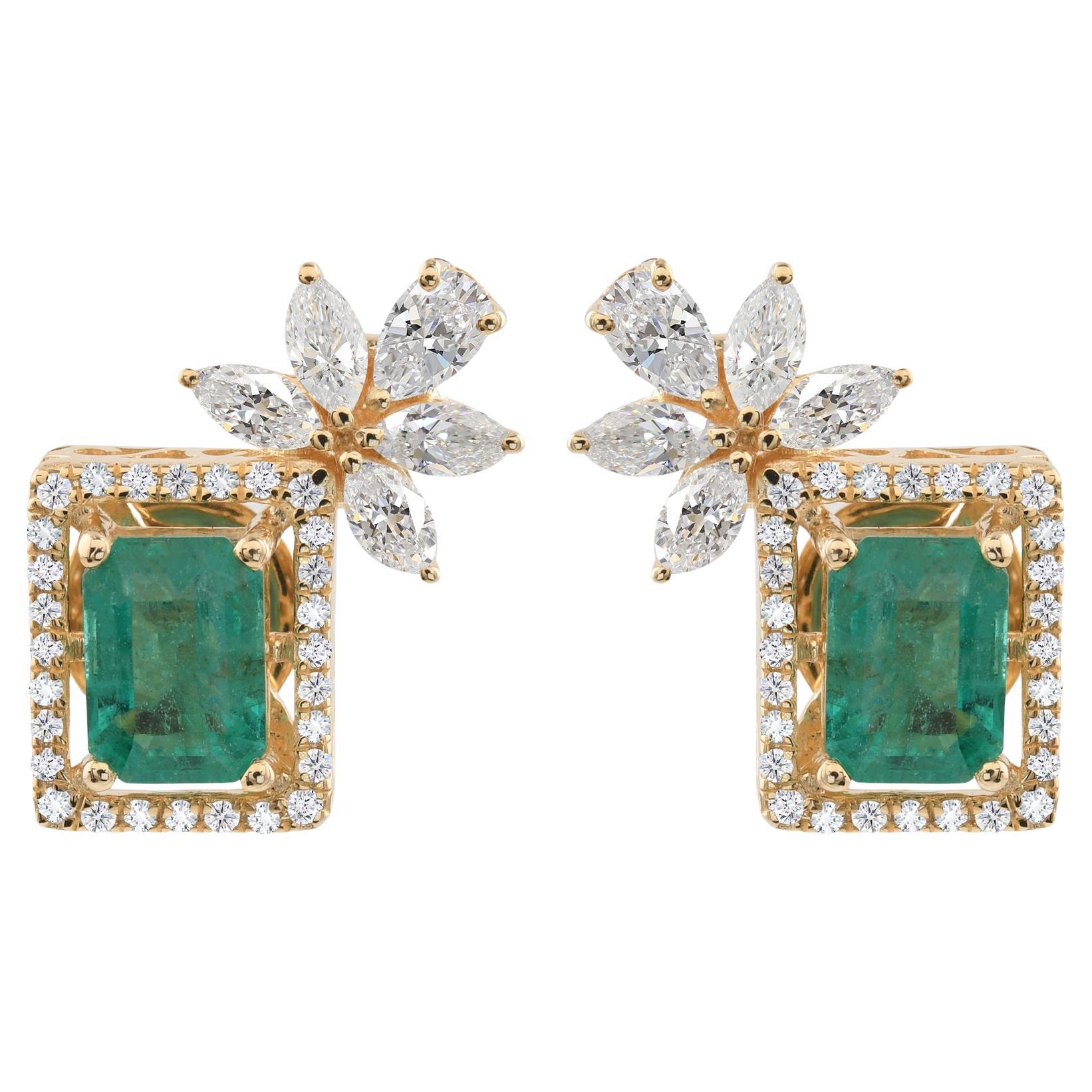 1.99 Carat Zambian Emerald 1.03 Carat SI/H Diamond Earrings 9 Karat Yellow Gold