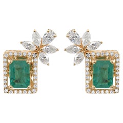 1.99 Carat Zambian Emerald 1.03 Carat SI/H Diamond Earrings 9 Karat Yellow Gold