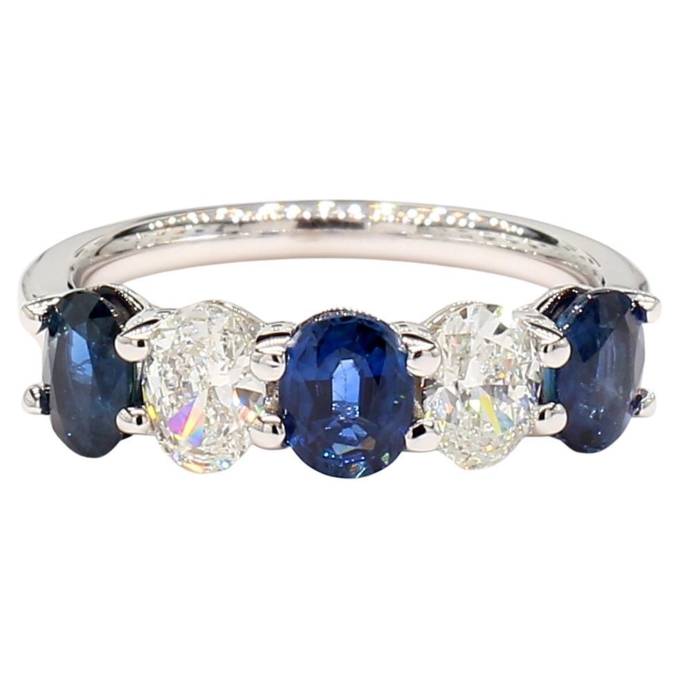 1.99 Carats Blue Sapphire & Diamond Oval Eternity Band Ring in 18K White Gold