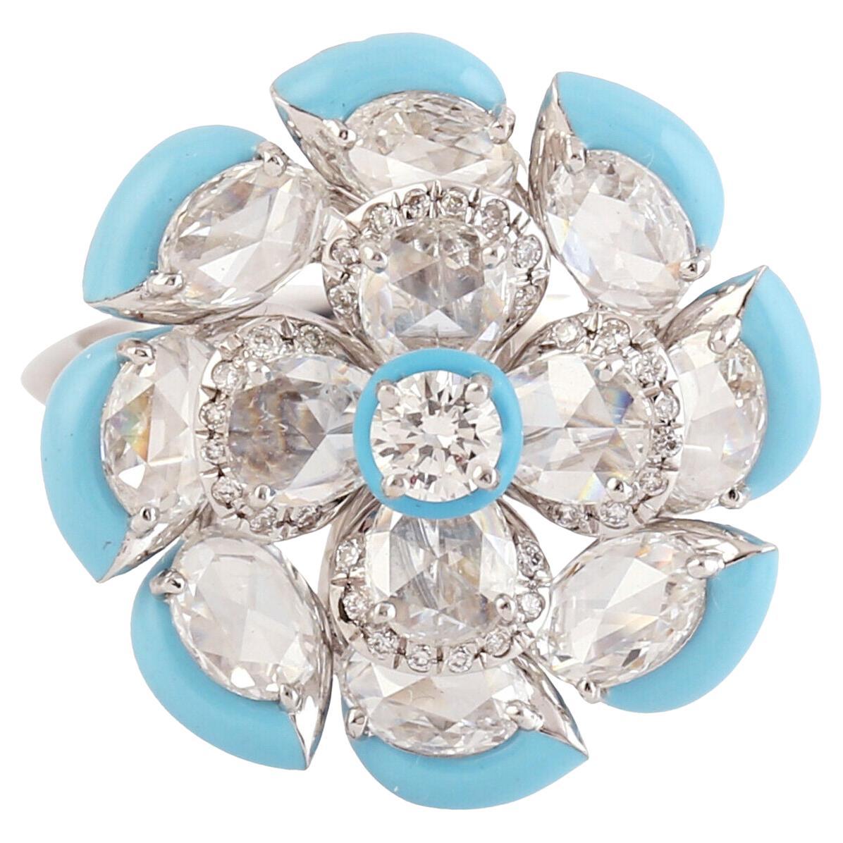 1,99 Karat Diamant 14 Karat Gold Blau Emaille Blume Ring im Angebot