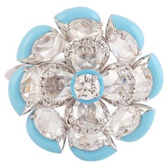 1.99 Carats Diamond 14 Karat Gold Blue Enamel Flower Ring